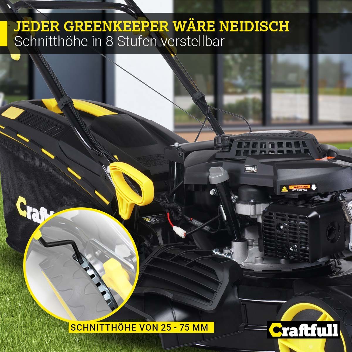 Craftfull Benzinrasenmäher 5in1 CR-196-10E Rasenmäher mit Benzin und Elektrostarter, 53 cm Schnittbreite, (Benzin Rasenmäher, Rasenmäher mit Fangkorb, Rasenmäher mit Selbstantrieb, Schnitthöhe in 8 Stufen verstellbar - Euro-5-Norm - Rasenkamm), 4,4kW - GT-Leichtlaufgetriebe - Easy Clean Funktion - 62l Fangsack