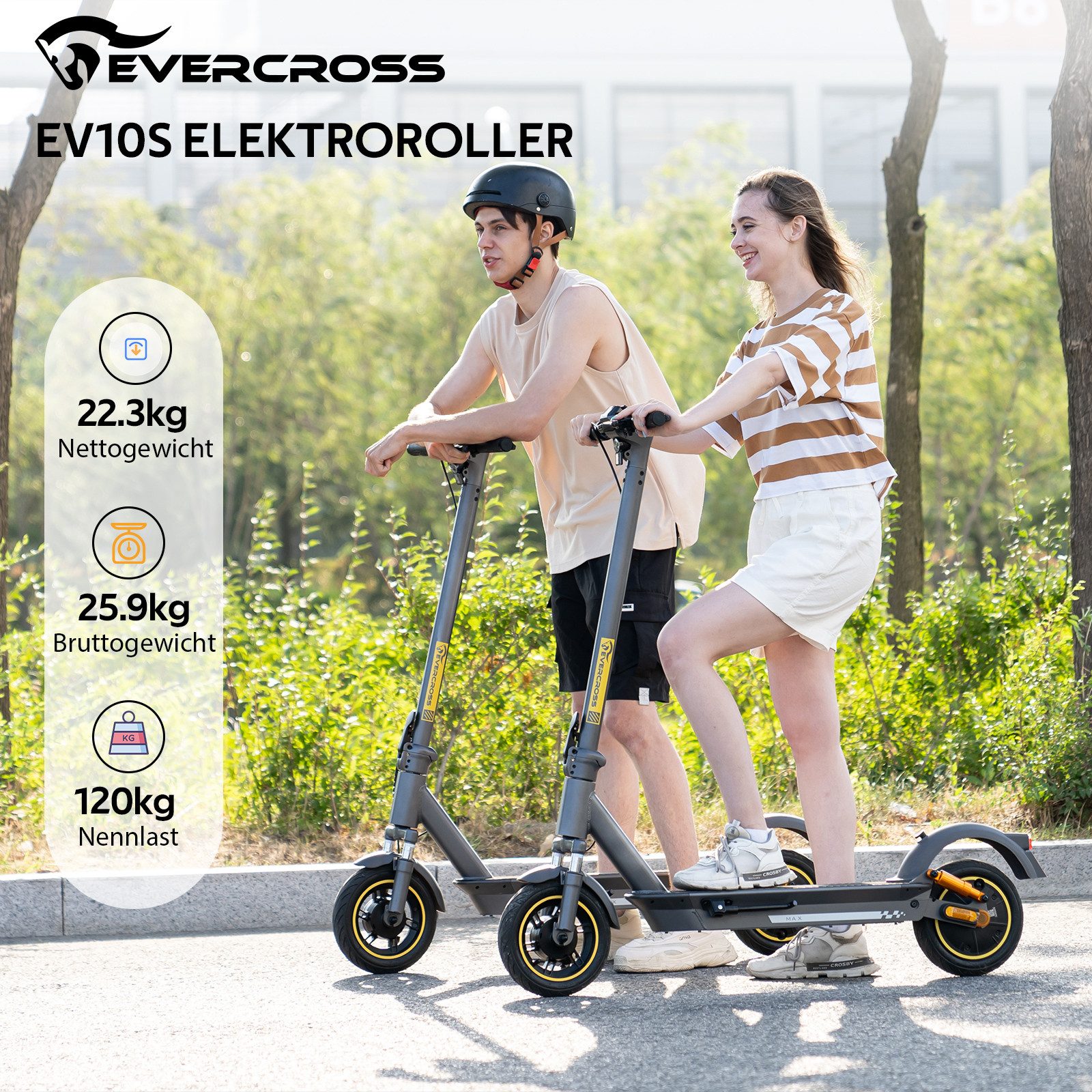 EVERCROSS TECH E-Scooter mit Straßenzulassung (ABE), 10" Runflat Reifen, Blinker, mit APP, 15,6AH Akku, 80KM/150KM, Handtasche, LED-Display