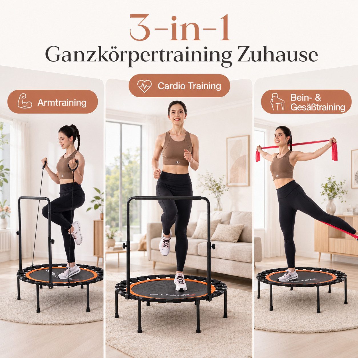 CITYSPORTS Fitnesstrampolin Mini-Trampolin mit Haltegriff 3-fach höhenverstellbar, Ø101cm, mit elastischem Bandsystem, höhenverstellbarer Griff