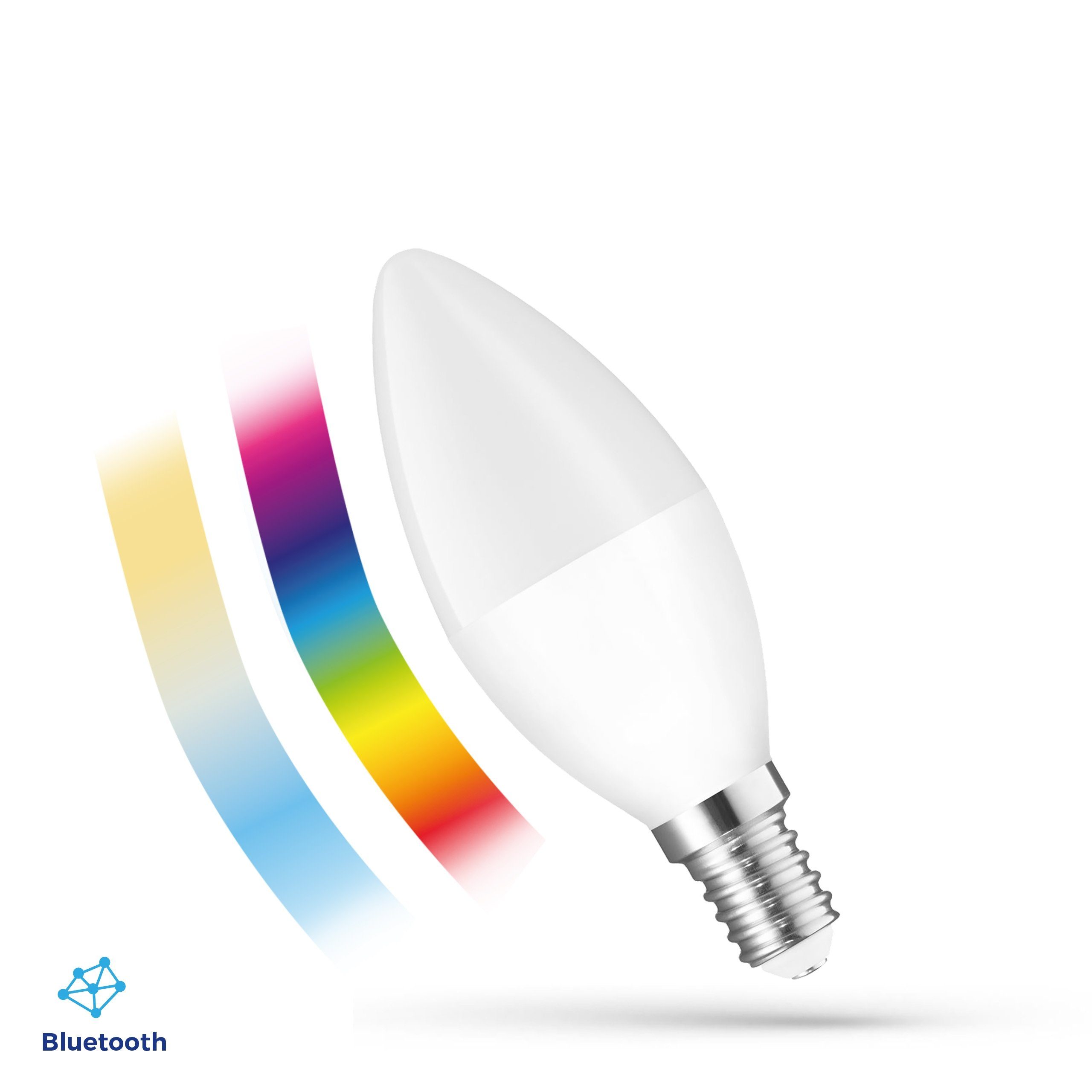 LED-Leuchtmittel DIMMBAR, E14 tageslichtweiß, SMART 2700K-6000K BLUETOOTH Farbwechsler, 4,9W=42W E14, bunt SMART APP - Spectrum EASY bis warmweiß C37 CCT-Farbtemperatursteuerung LED RGB