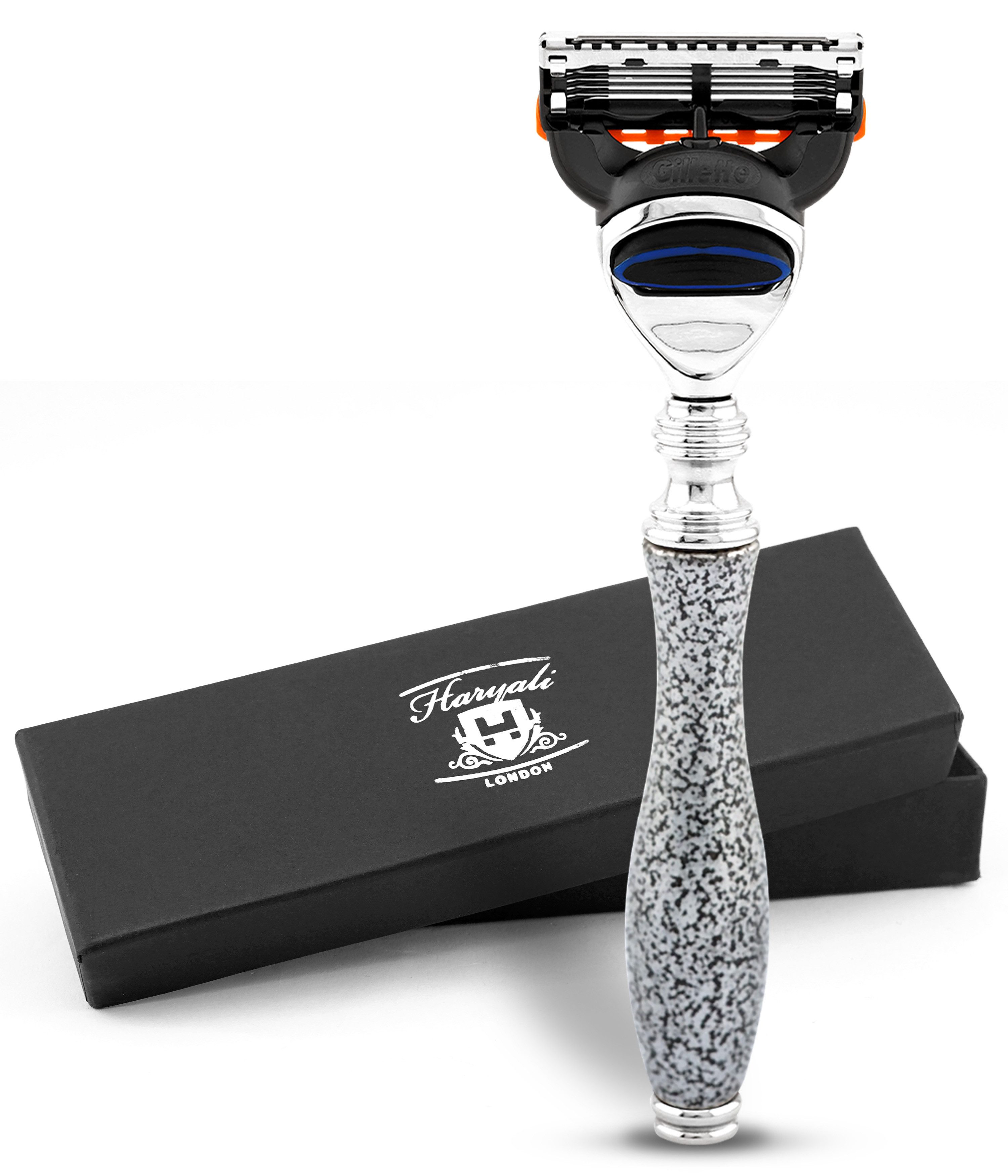 Haryali London Nassrasierer 5-Klingen-Rasierer Unisex, Körper- und Gesichtsrasierer, grau, Pack, Rasiermesser mit Klinge und messing-silberner Oberfläche, Abwaschbarer, rutschfester Griff. Passt auf alle Fusion5-Rasierer.