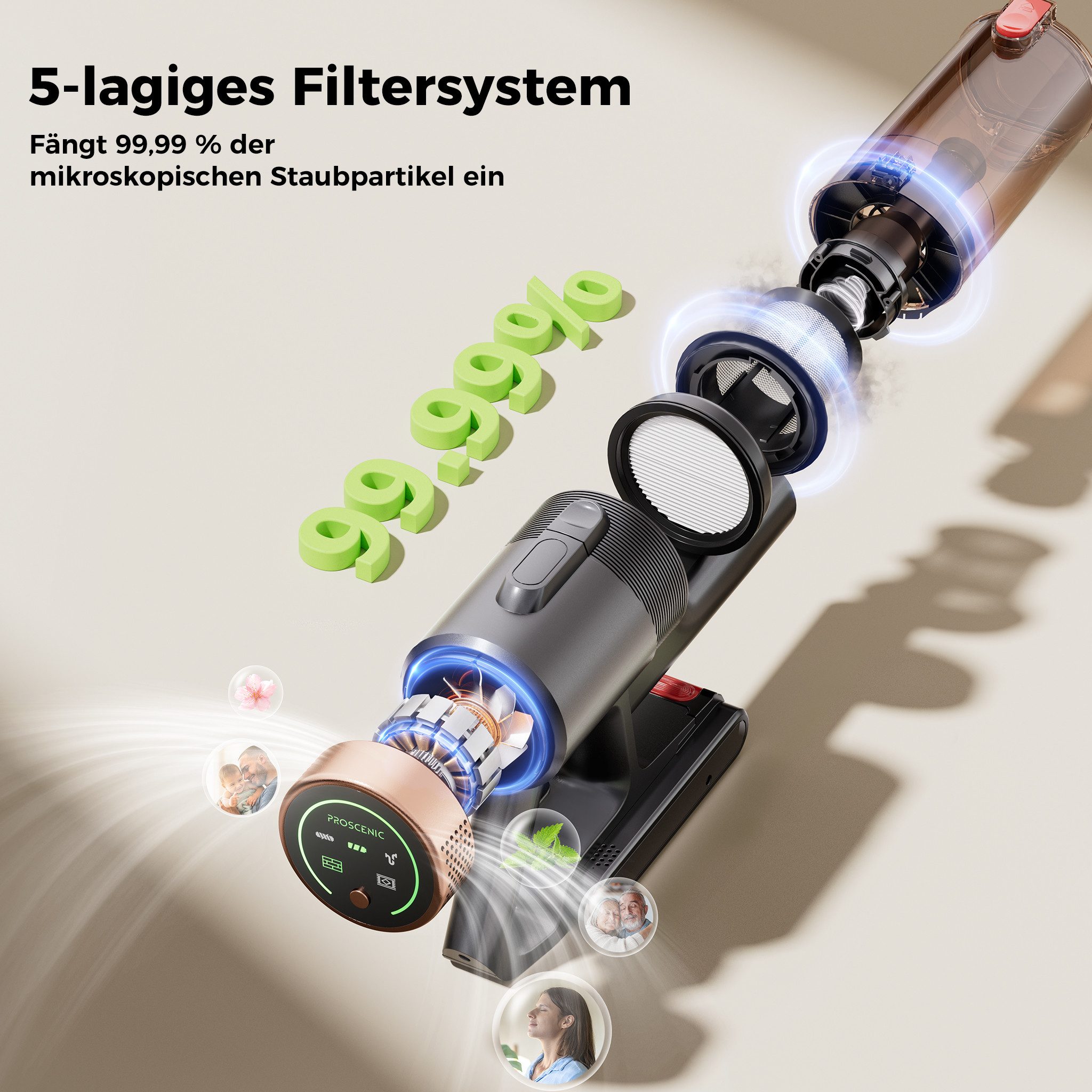 Proscenic Akku-Hand-und Stielstaubsauger 70kPa 550W Akku Staubsauger,50 Min,Grünes Licht Sichtbares Staub, 550 W, beutellos, 5in1 Filtersystem,Leise & Kabellos für Tierhaare,Boden,Teppich