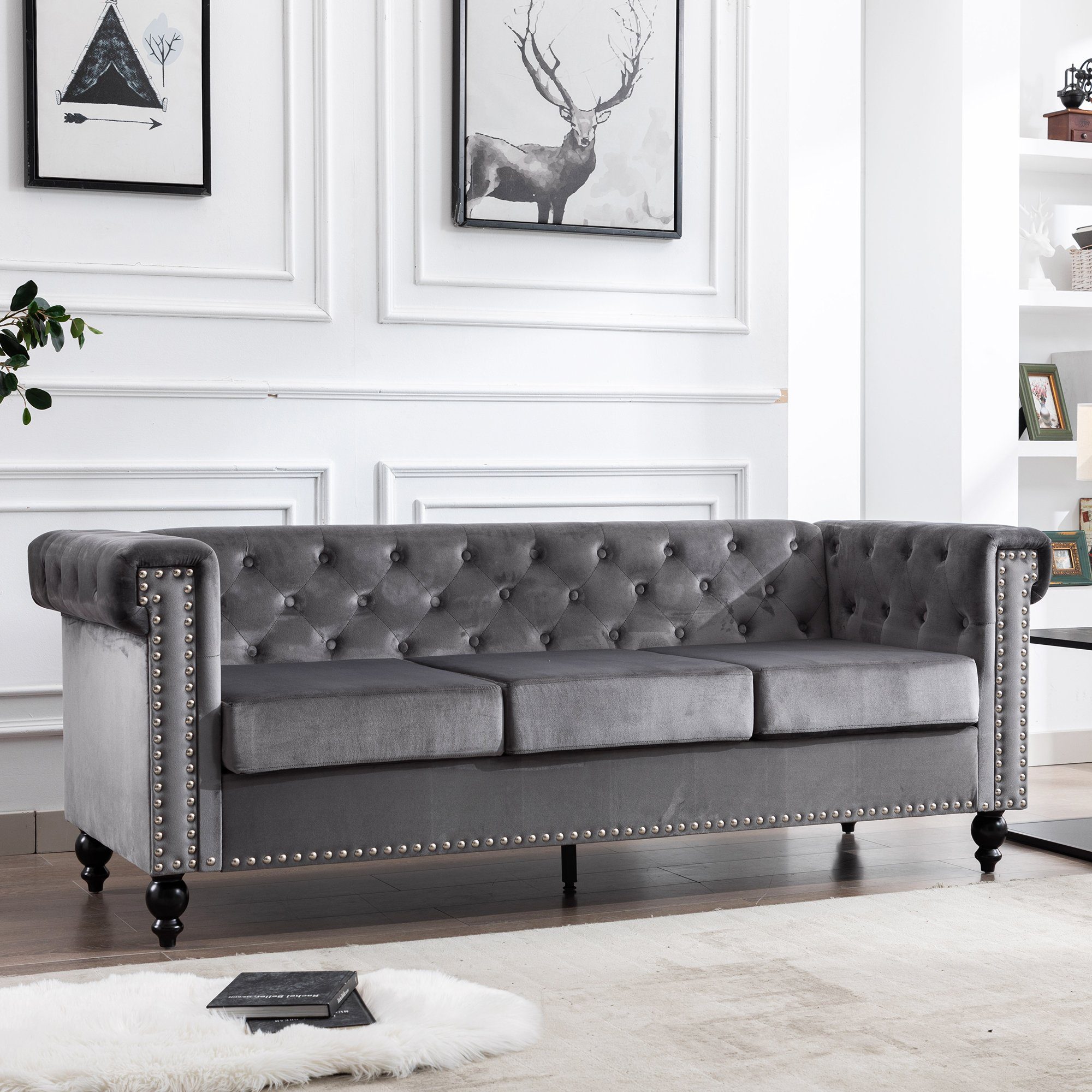 3-Sitzer, mit edler Knopfheftung und typischen Armlehnen, Sofa in Chesterfield-Optik, mit Federkern und Holzfüße, Bezug aus Samt