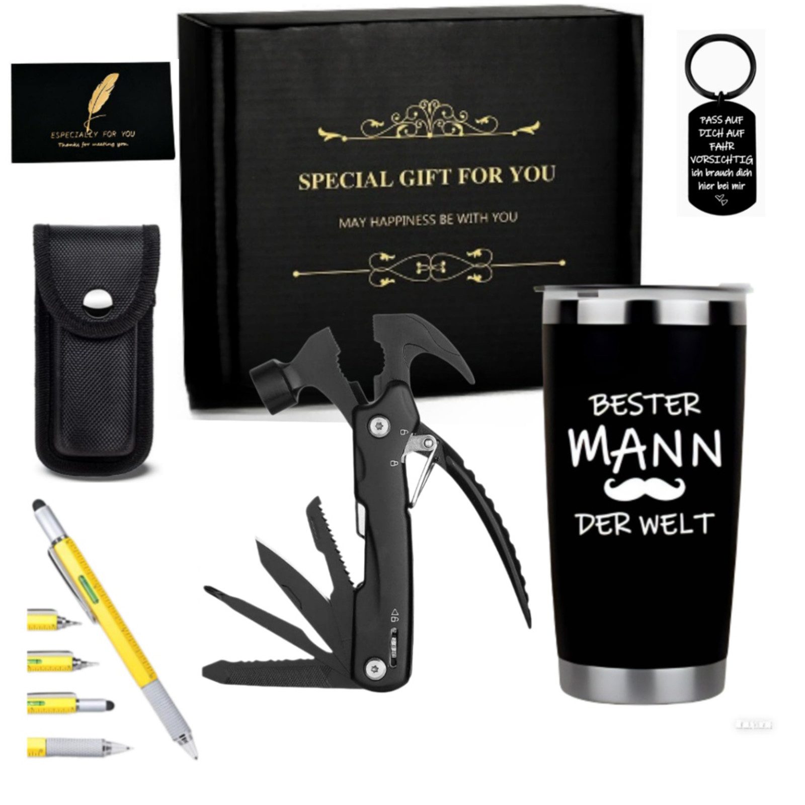 HOMELIVE Geschenkbox Geburtstagsgeschenke für Herren-Valentine Beste Tag Geschenke für ihn, Geschenke für Vater, Männer, Mann mit Tumbler, Multitool Hammer