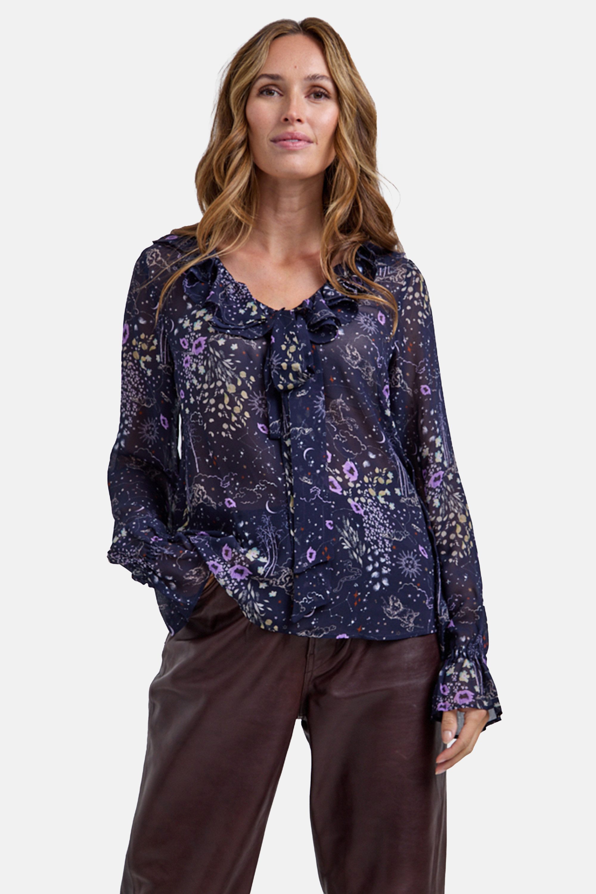 Lily and Lionel Hemdbluse Joni Ruffle Neck Zodiac Print Blouse Damen