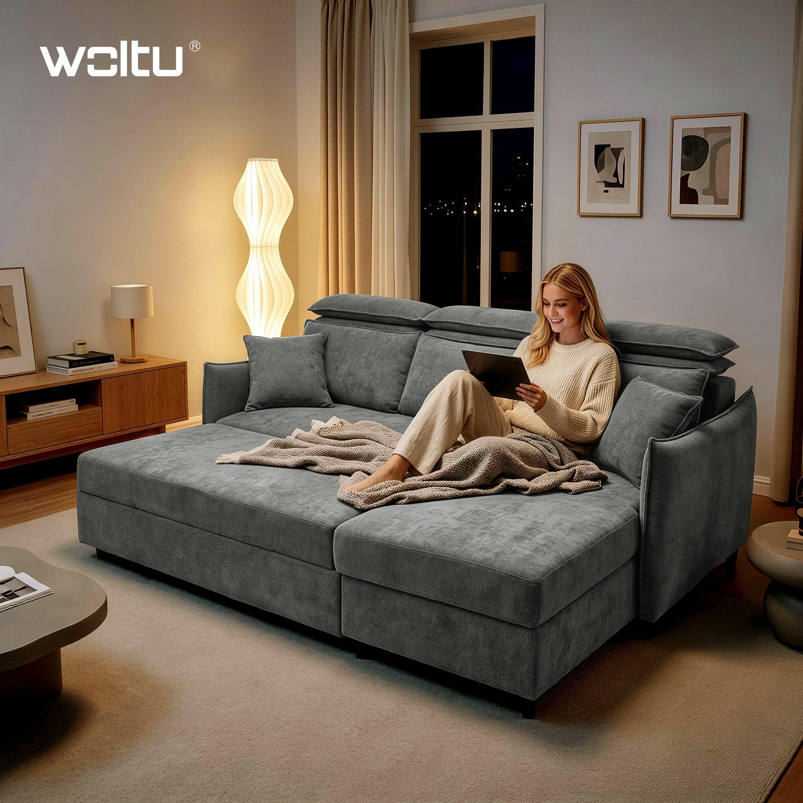 Woltu Ecksofa, Ausziehbares Schlafsofa 3 Sitzer mit verstellbaren Kopfstützen