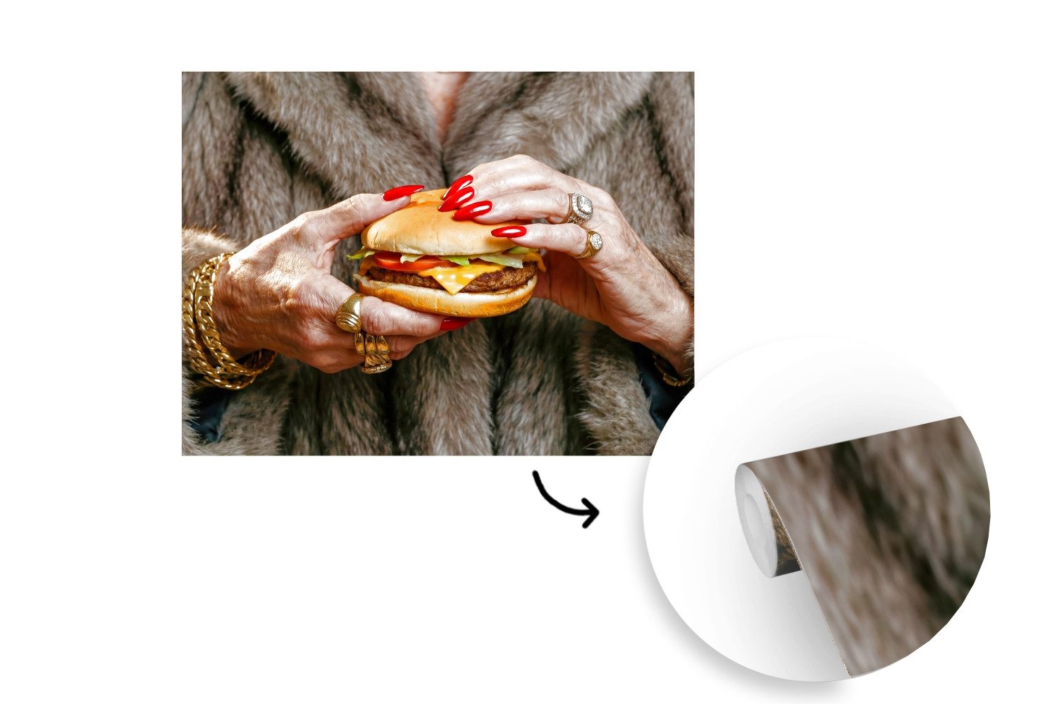 MuchoWow Fototapete Frau - Hamburger - Pelzmantel, Matt, bedruckt, Montagefertig Vinyl Tapete, Wandtapete, 275x220 cm