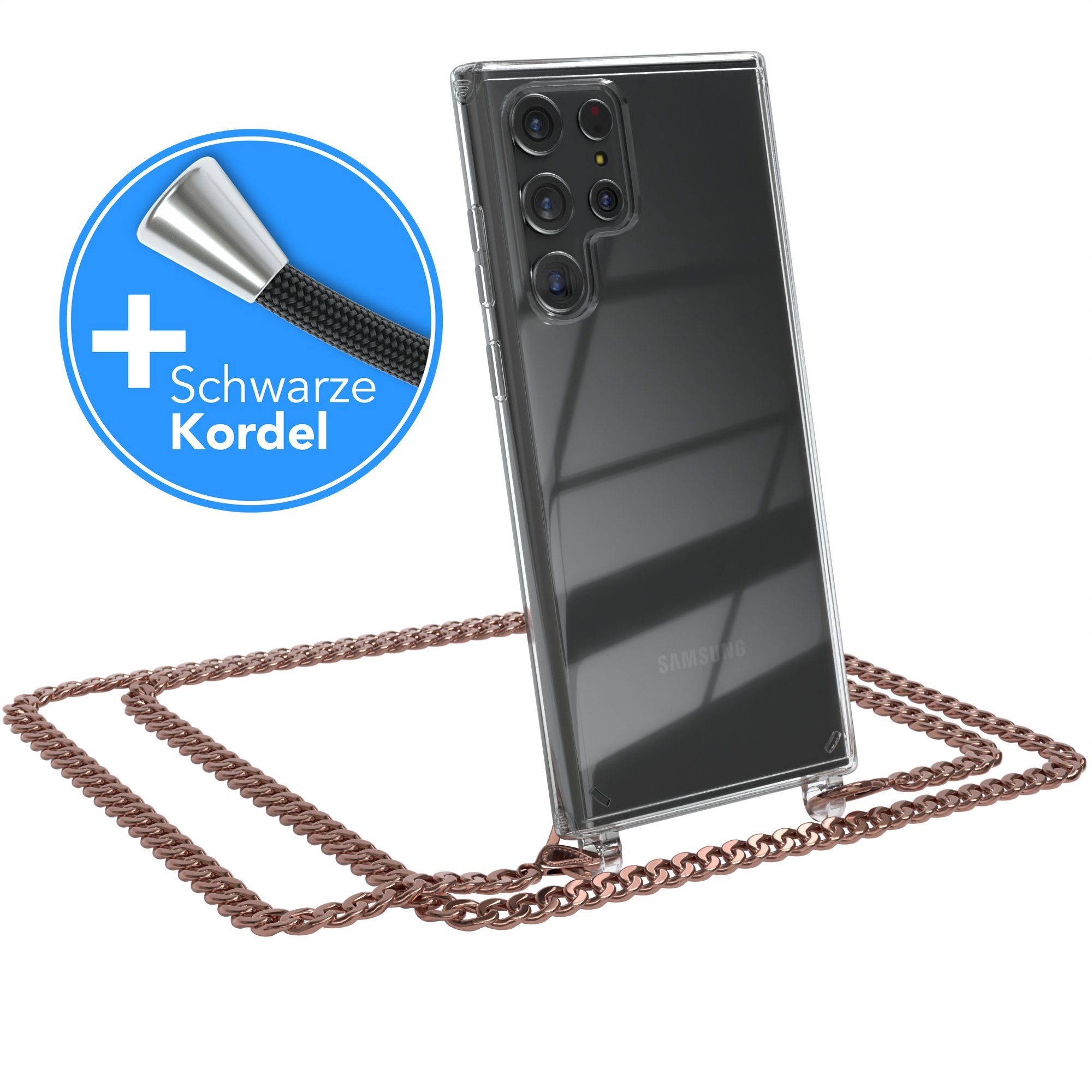 EAZY CASE Handykette 2in1 Metallkette für Samsung Galaxy S22 Ultra 5G 6,8 Zoll, Silikonhülle Transparent Smartphonekette für Unterwegs Ketten Rose