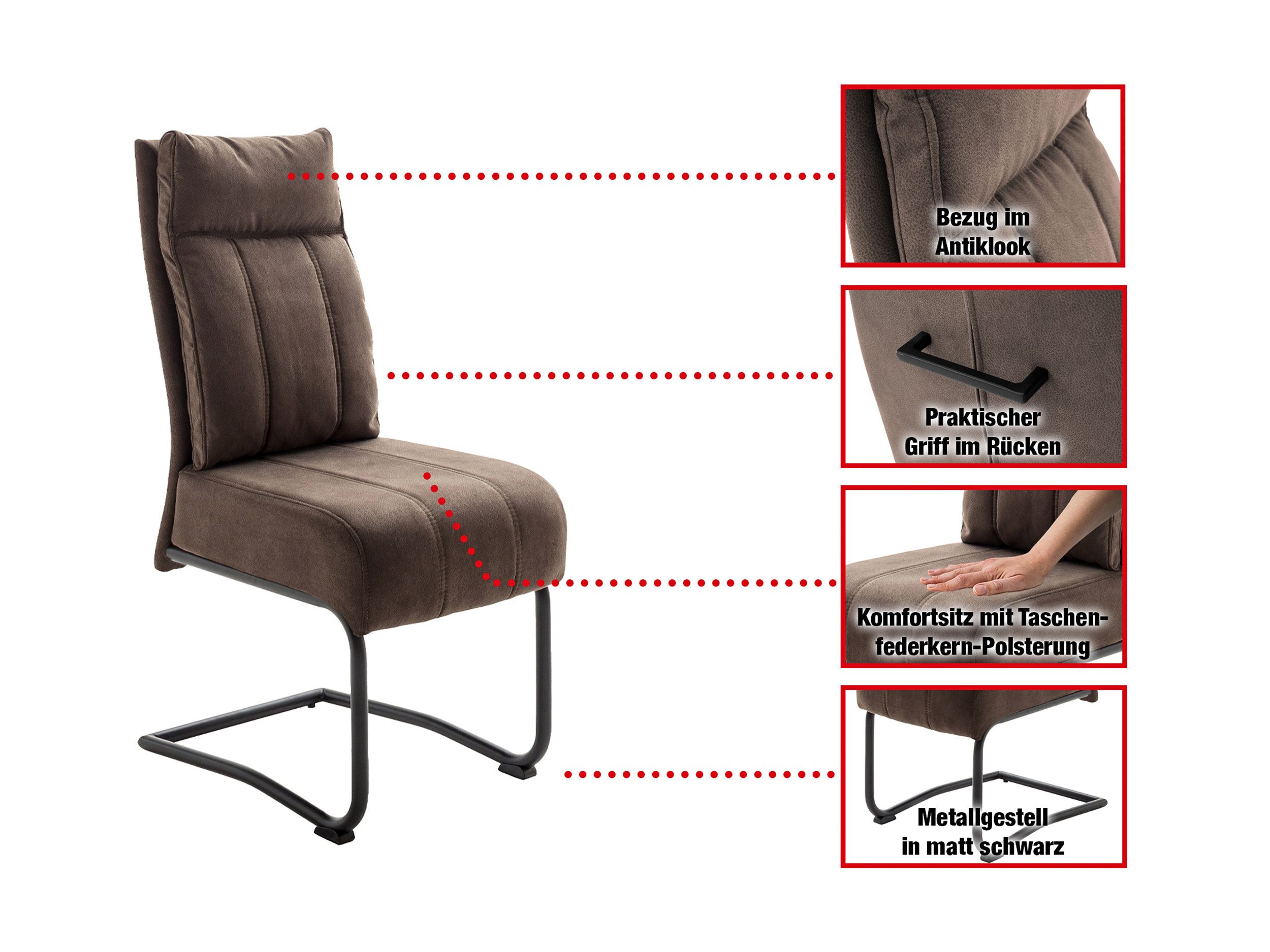 Massivart® Freischwinger mit Taschenfederkern, Microfaser Antiklook, Esszimmerstuhl, »Azul«, praktischer Griff am Rücken · Metallgestell schwarz matt