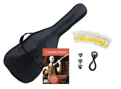 Classic Cantabile Gitarrentasche Zubehörset für E-Gitarre (5-tlg., inkl. Schule, Tasche, Kabel, Plektren und Saiten)