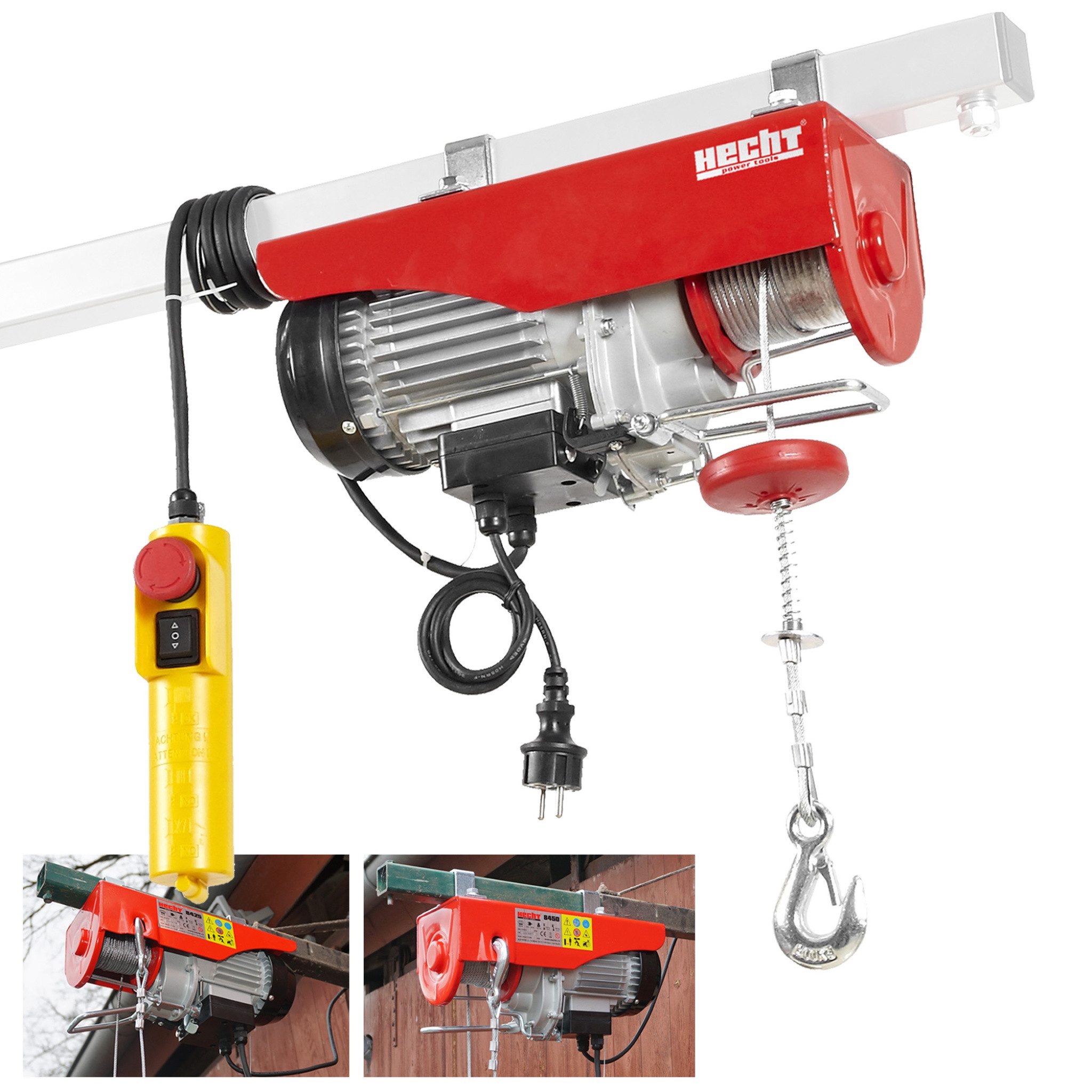 Hecht Seilwinde 125-250 kg Zugkraft, 450W, 3 mm Stahlseil, 4-8 m/min, 6-12m Hubhöhe, Not-Aus-Schalter, 1,5m Steuerkabel