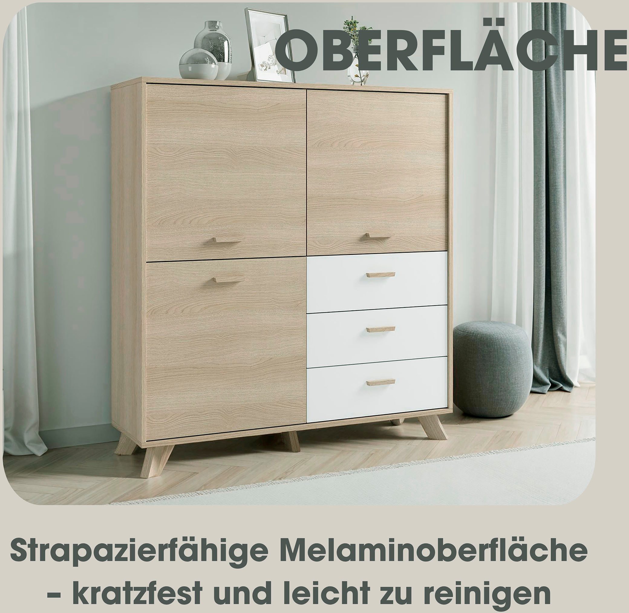 byLIVING Highboard Bastian (1 St), mit massiven Holzfüßen und Griffen, natürlicher Eichenlook, 120cm