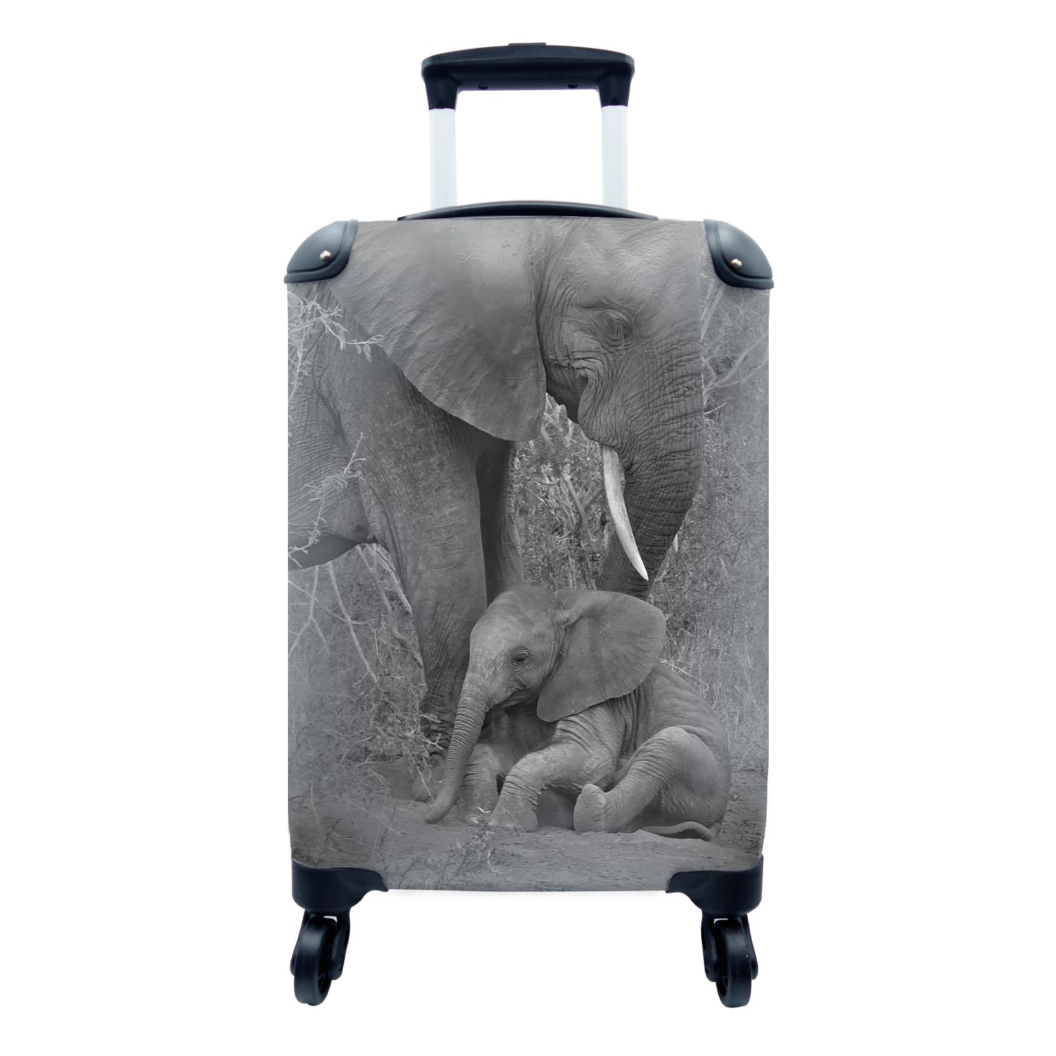 MuchoWow Handgepäckkoffer Elefantenmutter kümmert sich um ihr Kind - schwarz und weiß, 4 Rollen, Reisetasche mit rollen, Handgepäck für Ferien, Trolley, Reisekoffer