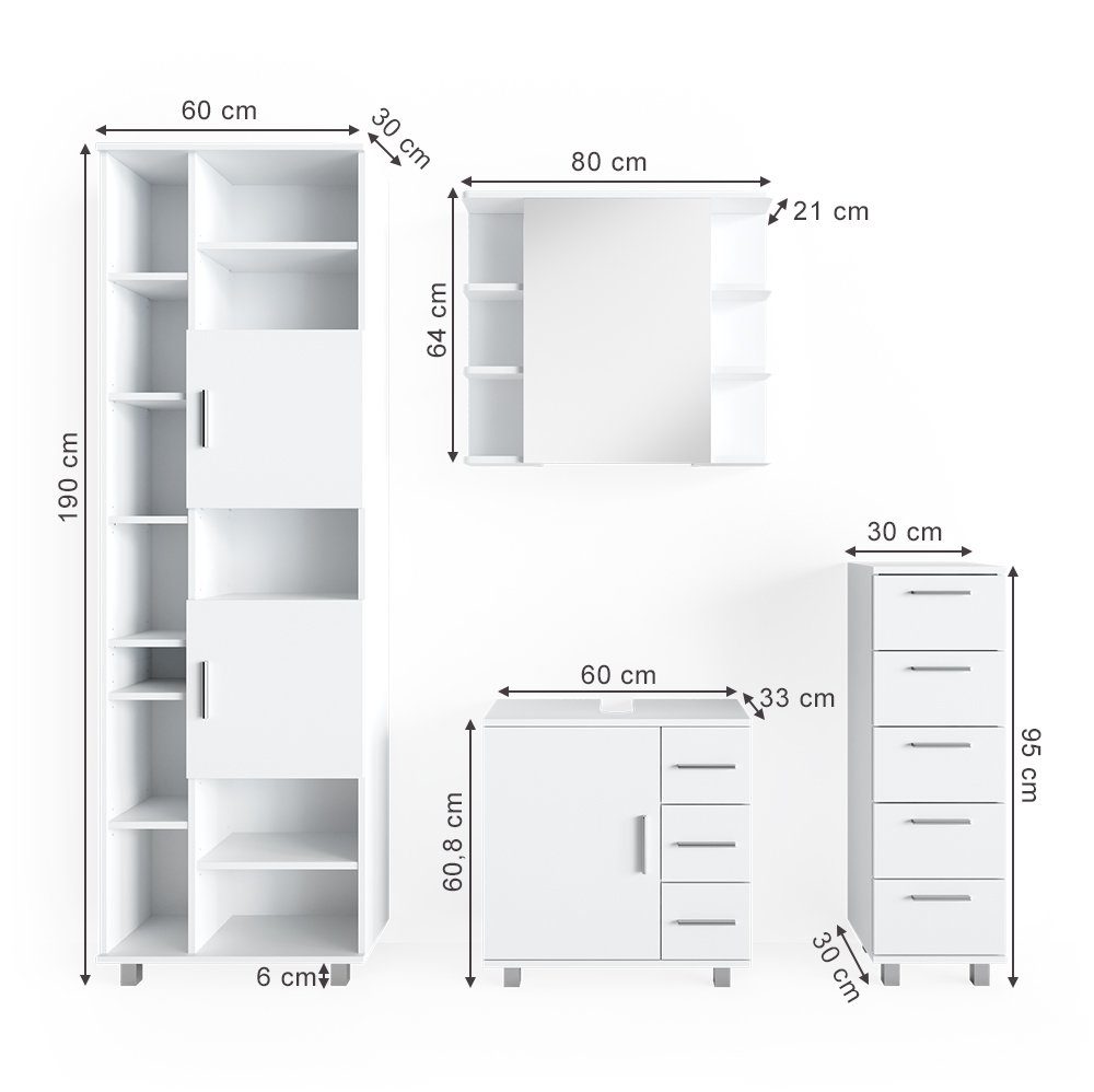 Vicco Badmöbel-Set Ilias, Weiß, 4 Teile, mit Hochschrank, (Badezimmerset, 4-St., 4er Set)