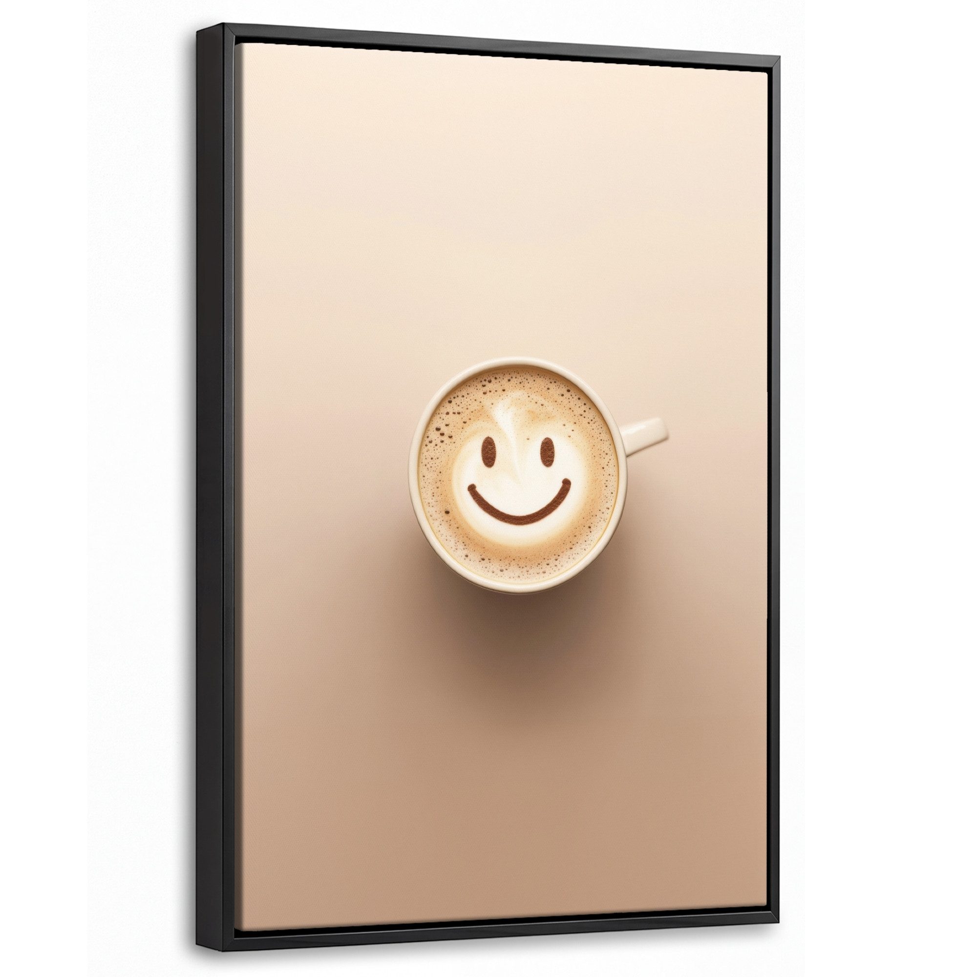 OneMillionCanvasses® Leinwandbild mit Rahmen - Kaffee - Milchschaum - Lächeln - Beige, Fotodruck (1 St), Deko für Wohnzimmer Schlafzimmer Küche 20x30cm