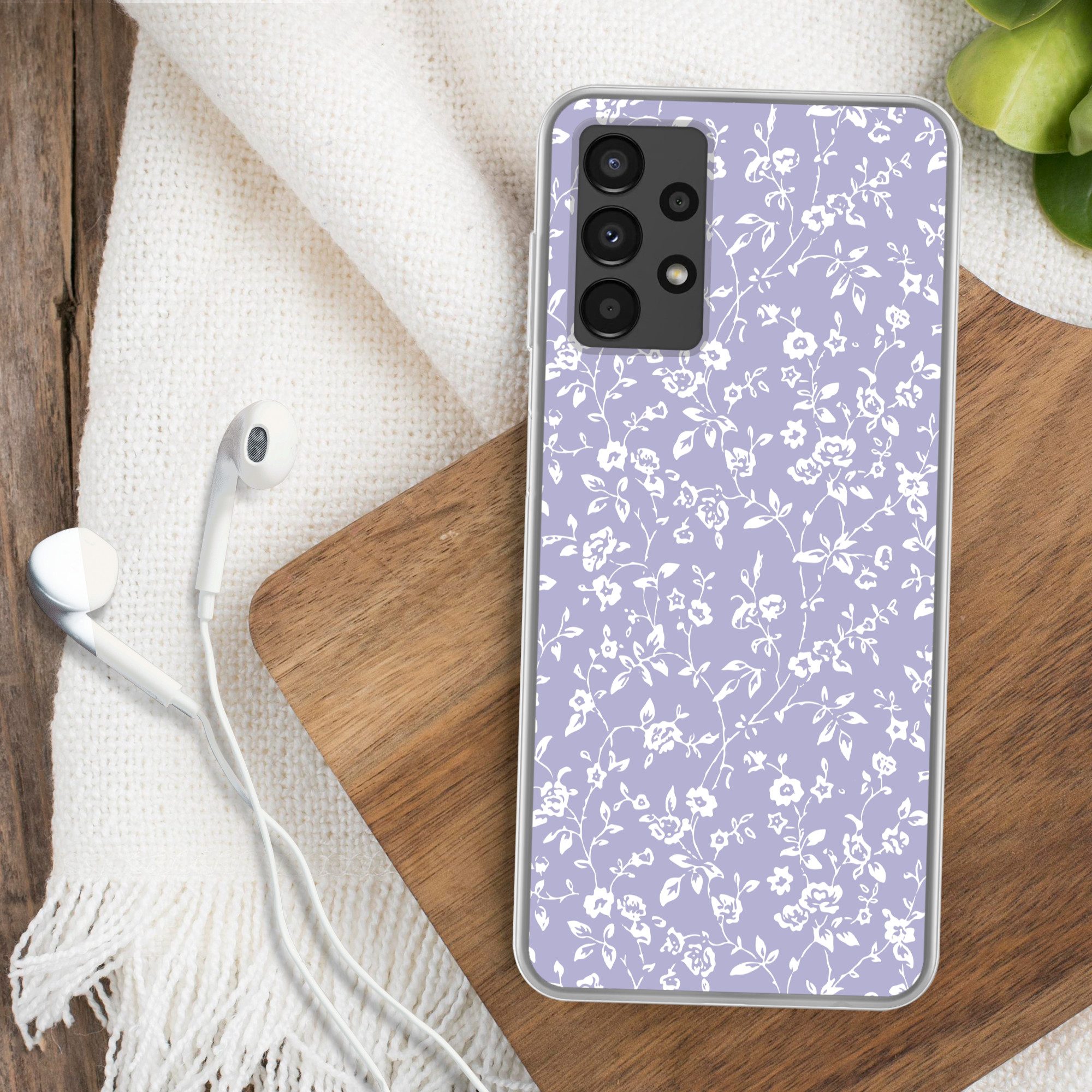 MuchoWow Handyhülle für Samsung Galaxy A13 4G Florales Muster - Lila - Weiß - Blumen, Smartphone-Bumper, Print, Handy Schutzhülle Dünn