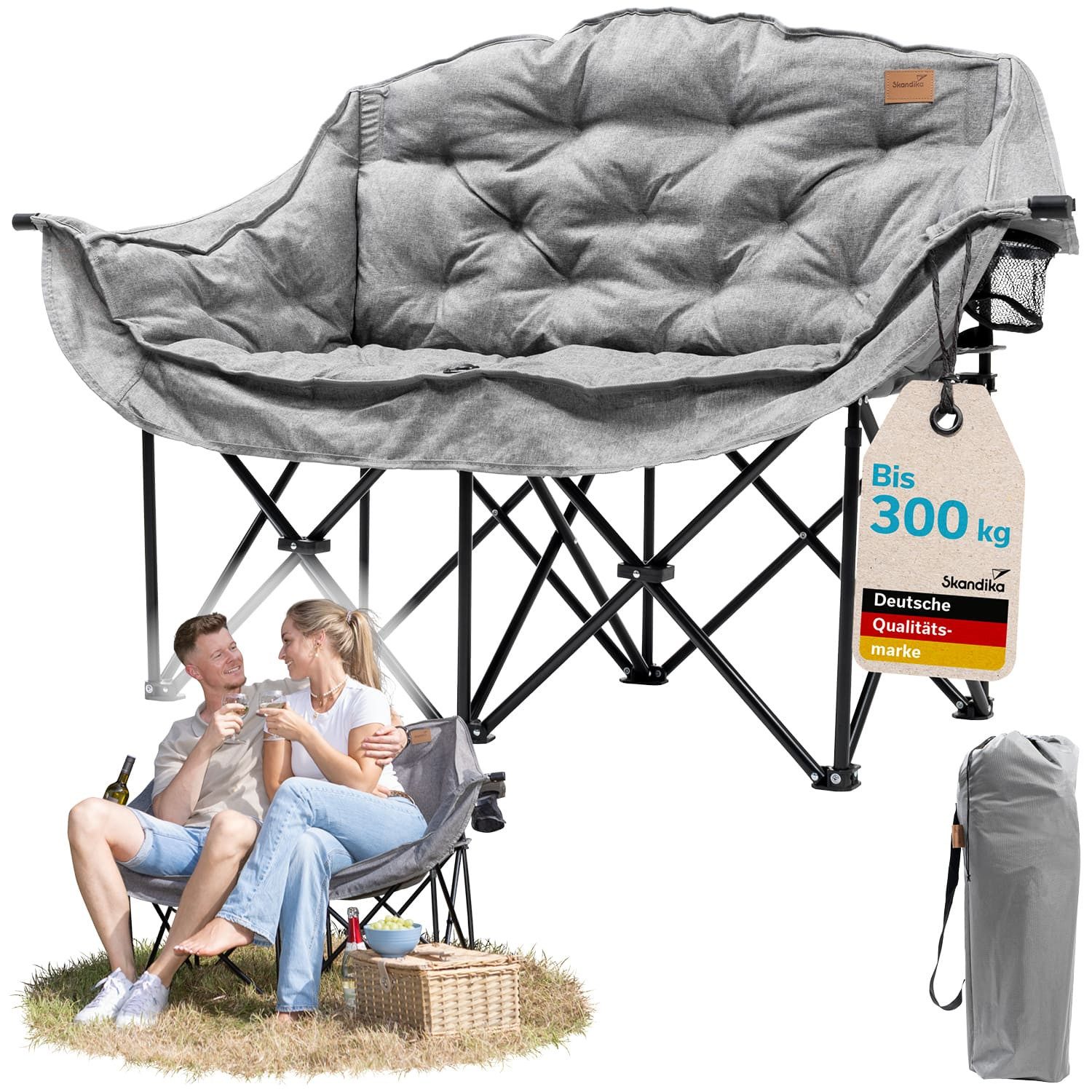 Skandika Campingstuhl Doppel XL Campingstuhl Hygge - für 2 Personen, faltbar ohne Werkzeug (gepolstert, 300 kg belastbar, mit Tragetasche, Gewicht 6,2 kg), Größe 138×49×90cm, Spezialgestell mit zusätzlichen senkrechten Streben