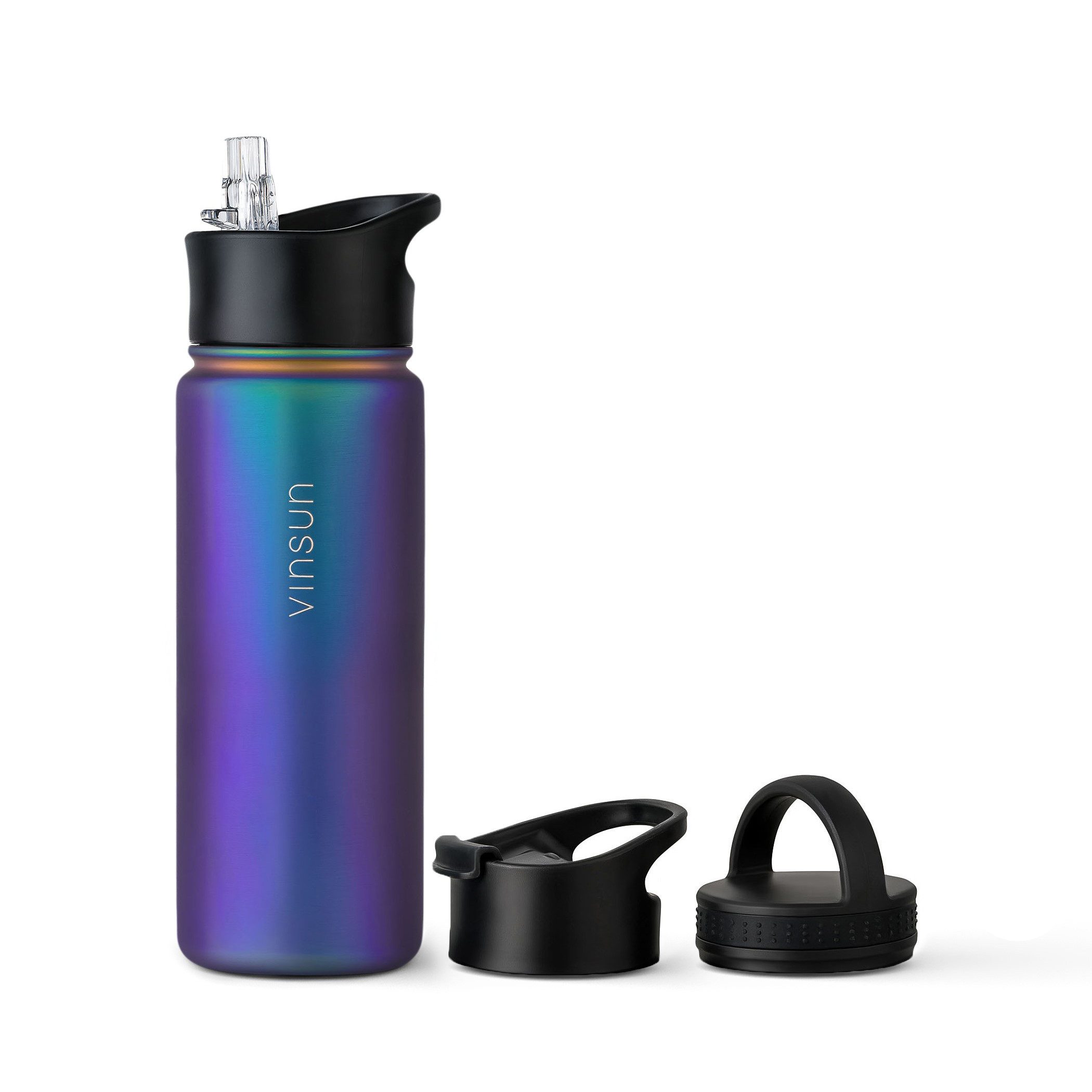 Vinsun Isolierflasche Edelstahl Trinkflasche 500ml, 3 Deckel, auslaufsicher, doppelwandig, 3 Deckel - Strohhalm, Trinköffnung, Schraubverschluss