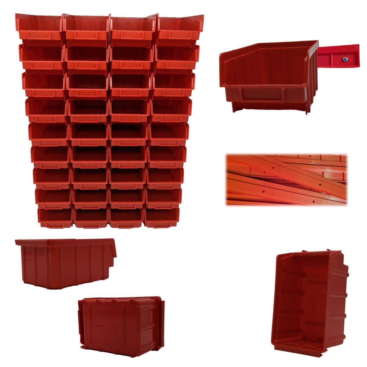 HMH-Shop Stapelbox Stapelboxen Gr. 2 rot Werkstatt Garage Sichtlagerkisten + Wandschienen, schlagfest, Beschriftungsfach, stapelbar, Wandmontage