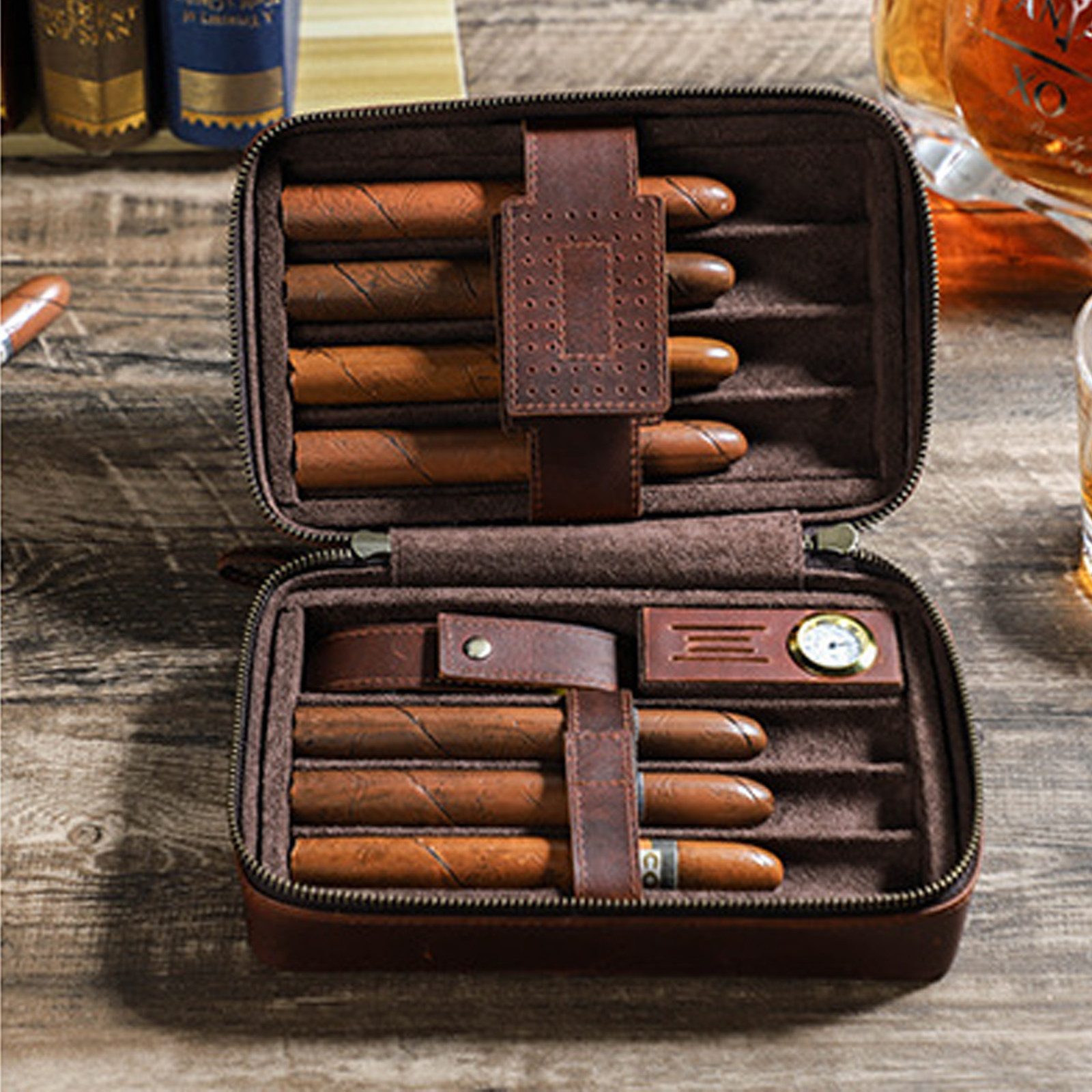 Tabakbeutel Vintage Vollnarbenleder Zigarrenetui 7 Steckplätze Handschlaufe