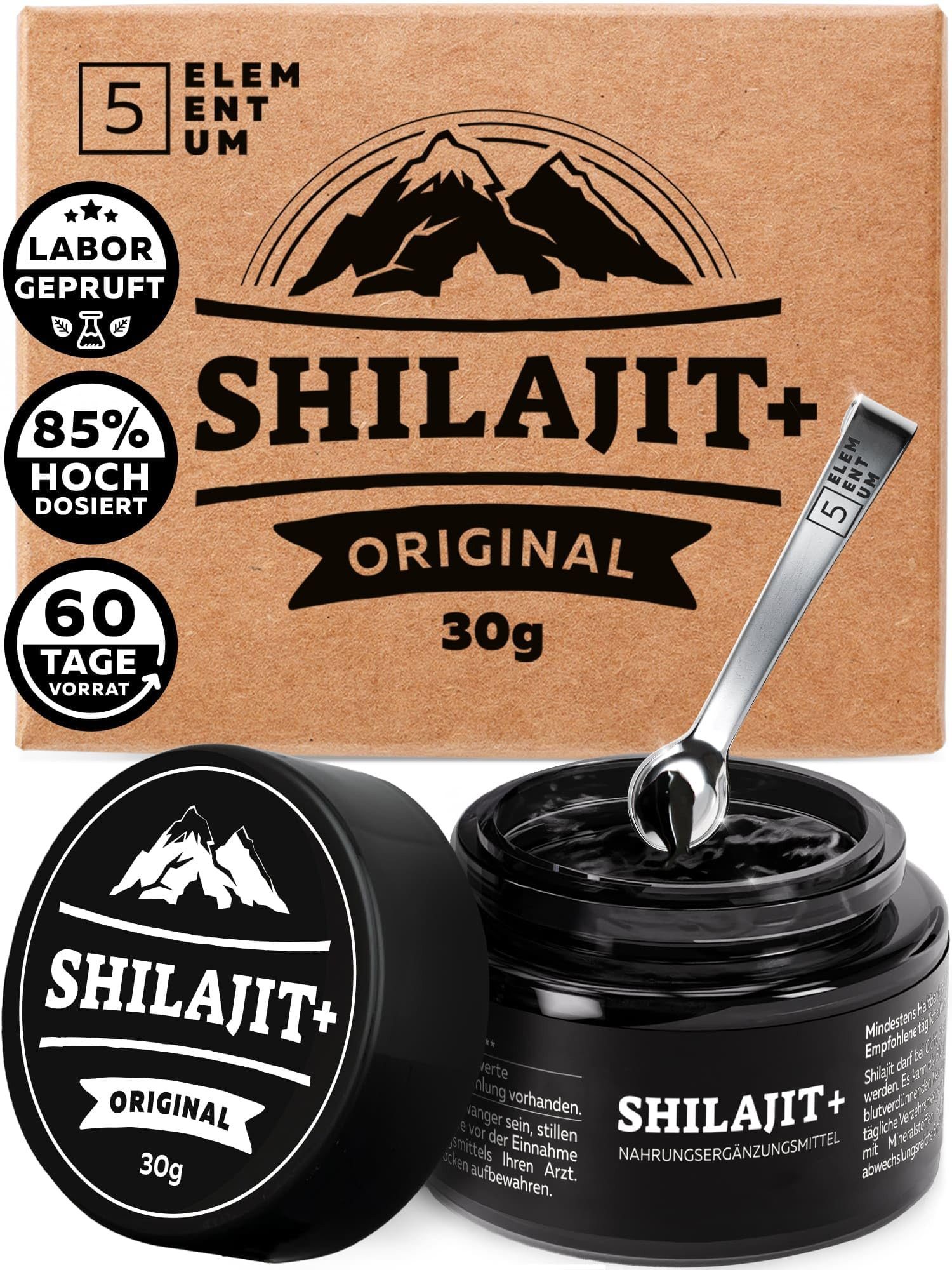 5 Elementum Shilajit Himalaya – Hochdosiert 85% Fulvinsäure – 60 Tage Vorrat Tropfen, Premium Pure Shilajit Hochdosiert Aus Himalya Handernte à 30 g, Inkl. 500mg Dosierlöffel