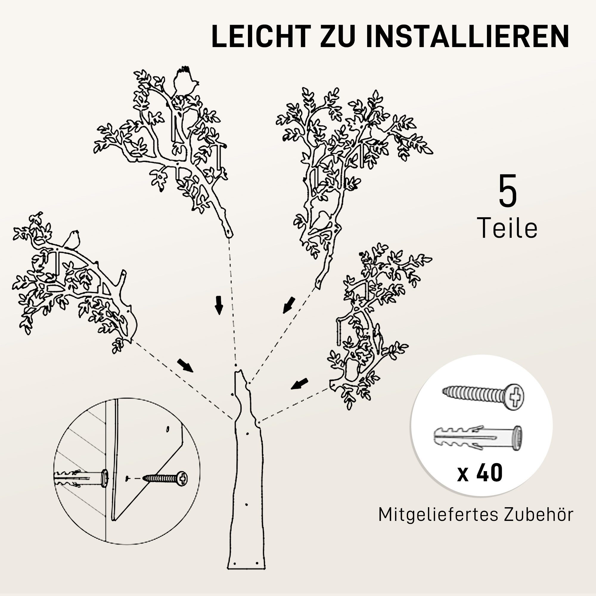 furnicato Kleiderständer Wandgarderobe Wandmontierter Mantelhaken Baumdesign Vögel, (1 St) – Bild 5 von 5