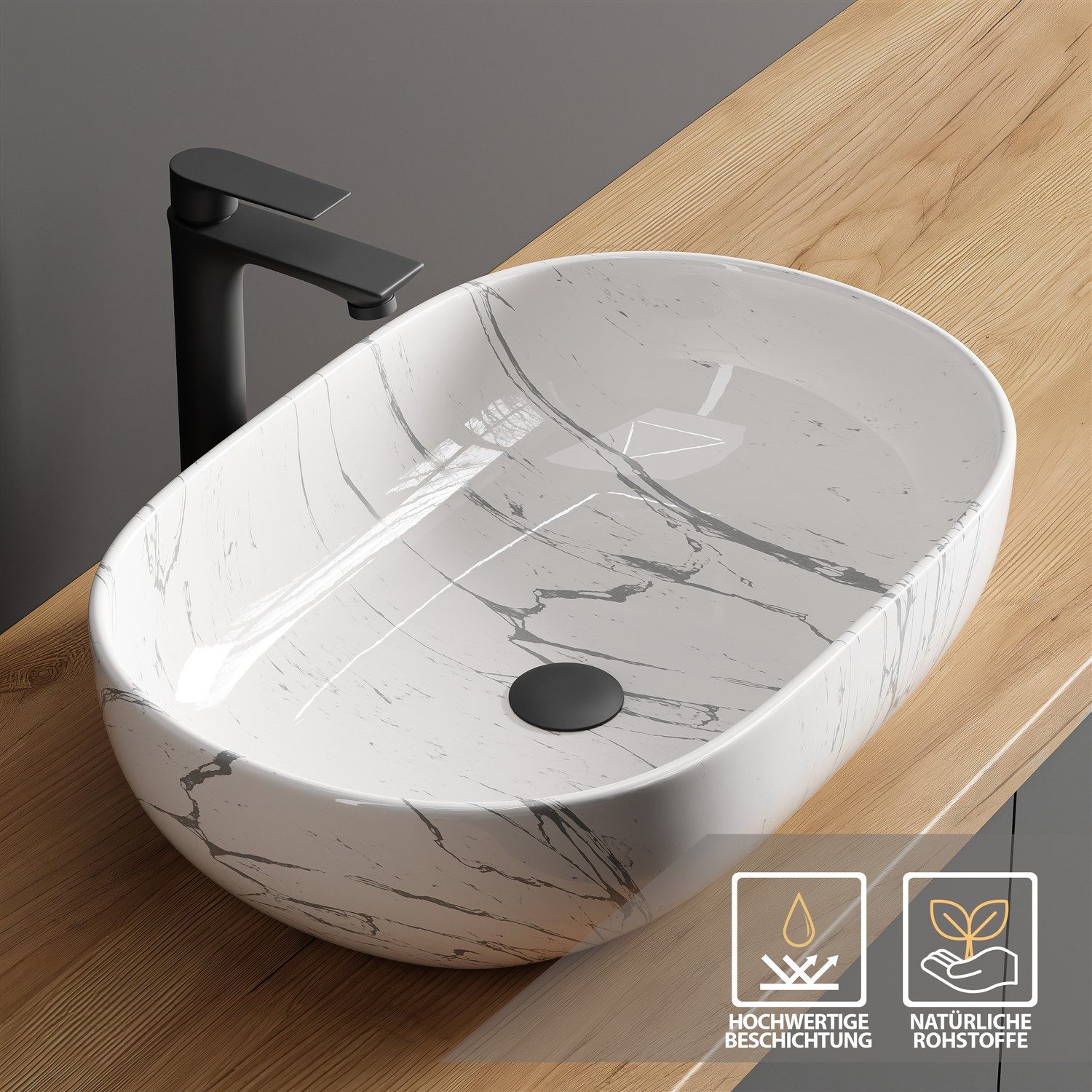 Planetmöbel Aufsatzwaschbecken Aquil Deluxe Badezimmer Waschbecken 60 cm oval für Waschtisch (Keramik Aufsatzwaschbecken für Bad, Gäste WC, 1-St., Waschschale 60 x 40 x 15 cm ohne Hahnloch und Überlauf), für Waschtische oder Waschplätze
