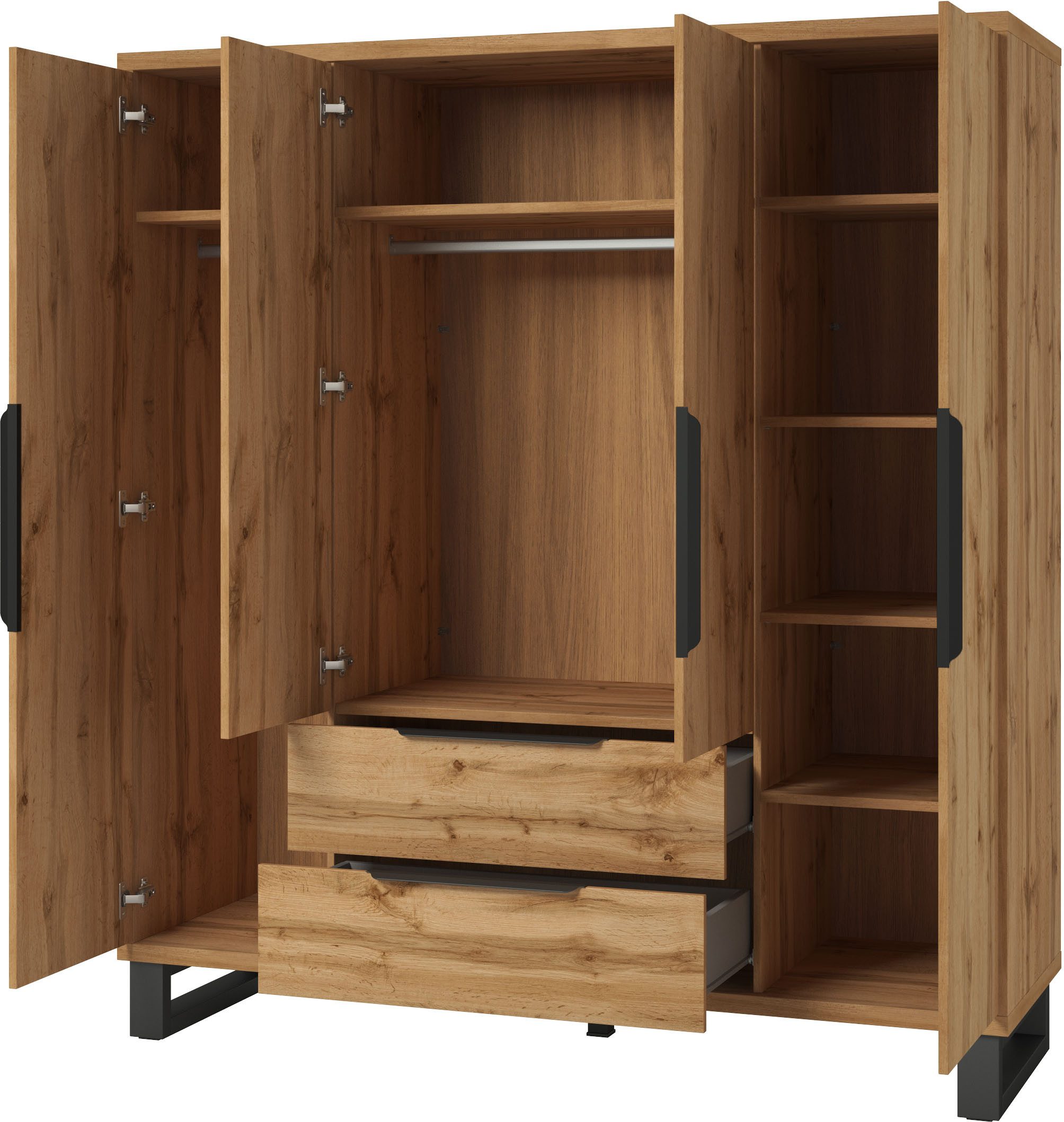 Home affaire Kleiderschrank Bronne,Breite 191 cm, Wäscheschrank inclusive Innenausstattung Kleiderschrank, 2 Schubkästen, Metallgriffe, Garderobe