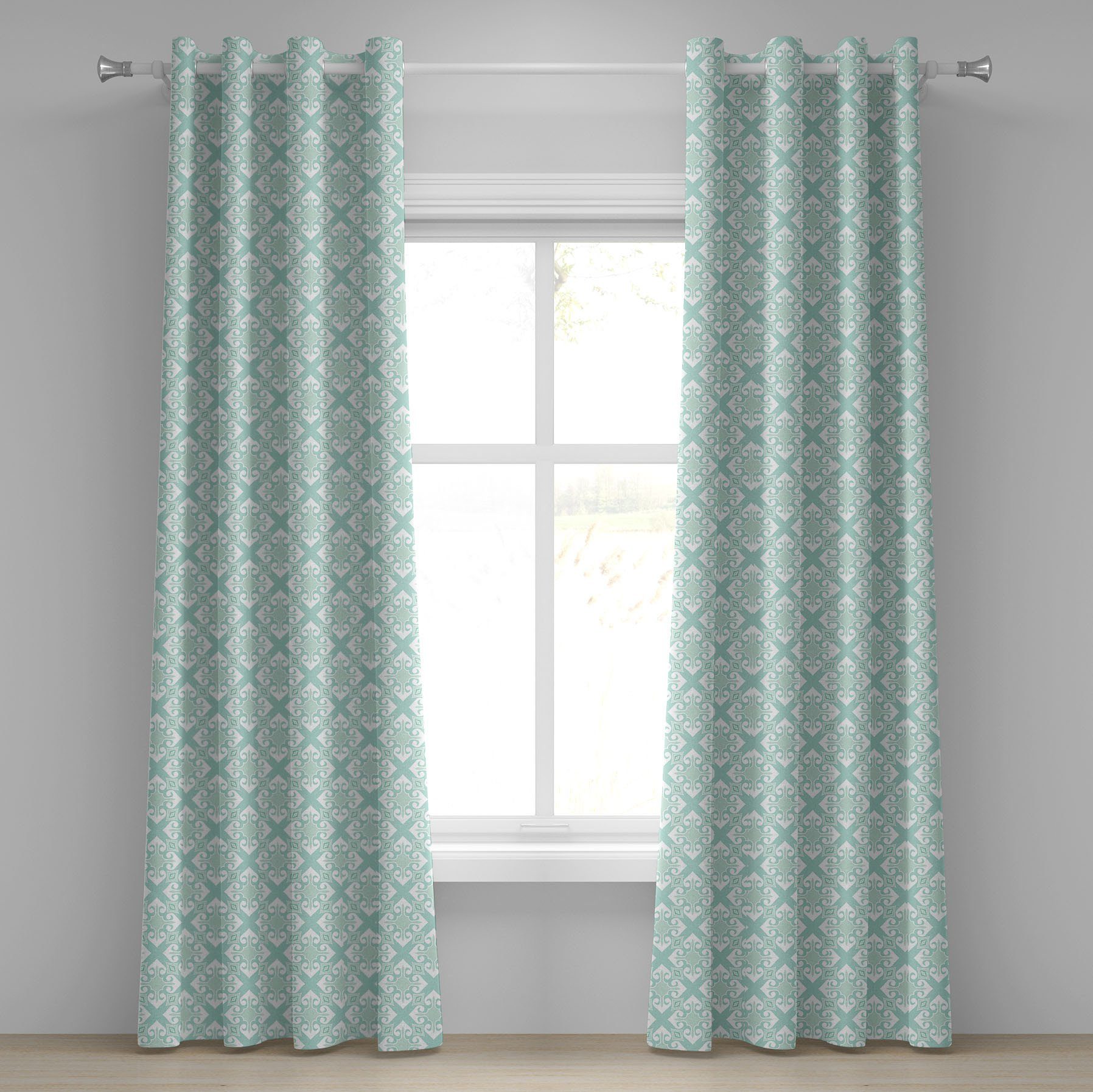 Gardine Dekorative 2-Panel-Fenstervorhänge für Schlafzimmer Wohnzimmer, Abakuhaus, Teal und Weiß Mosaik-Blumendetail