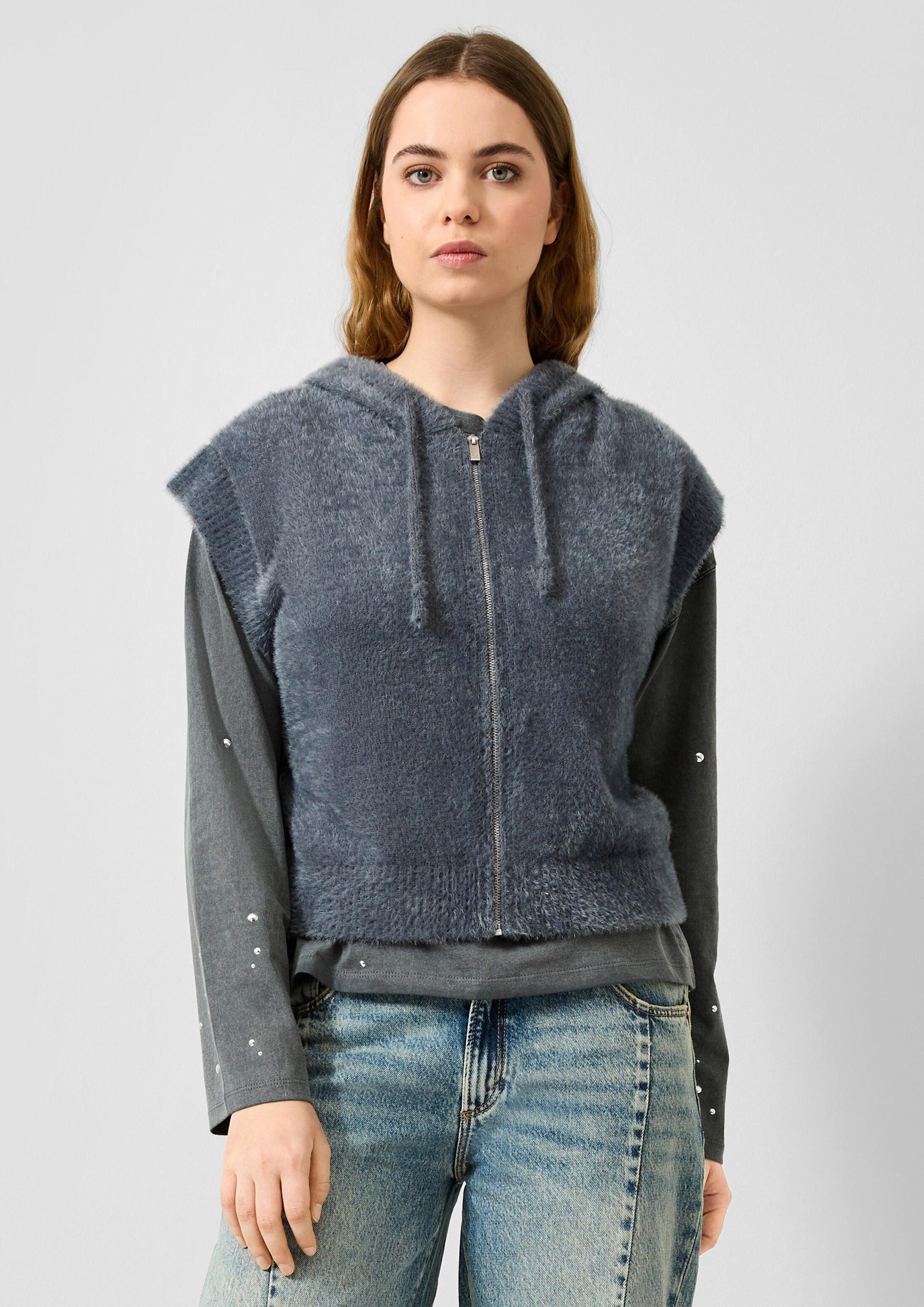 QS Funktionsweste Strickpullover Flauschige Strickweste mit Kapuze