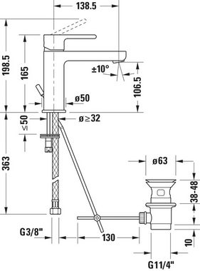 Duravit Waschtischarmatur B.2 Waschtischmischer, Розмір M, mit Zugstangen-Ablaufgarnitur mit AquaControl und AirPlus, Ausladung 13,9 cm, Chrom