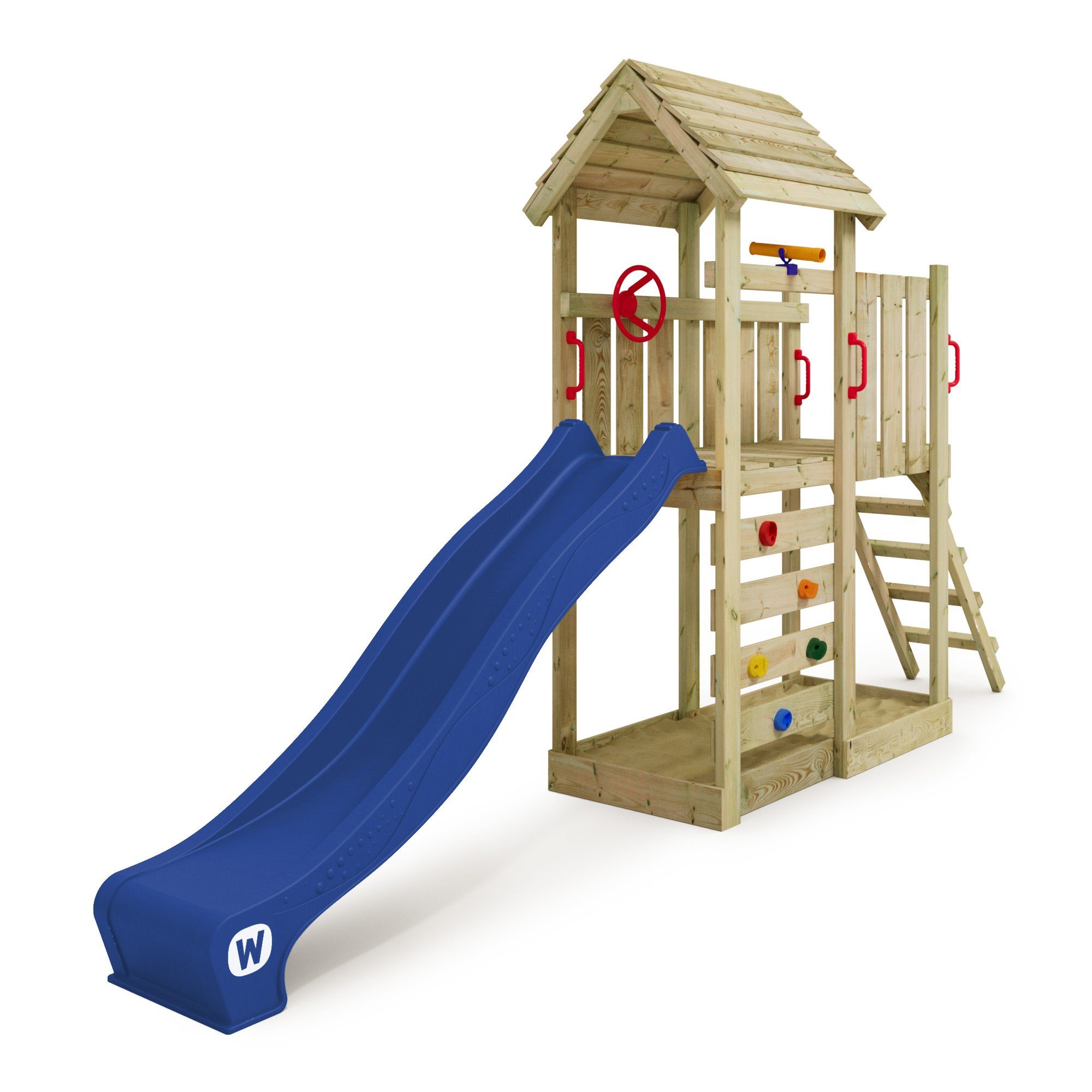 Wickey Spielturm JoyFlyer – Garten-Klettergerüst mit Wellenrutsche & Sandkasten, 10-Jahre Garantie*, Kletterwand mit Klettersteinen