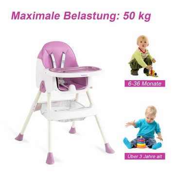 IKIDO Kinderklappstuhl Baby-Klapphochstuhl mit doppeltem Tablett (mit Ablagekorb, mit 5-Punkt-Sicherheitsgurt, wasserdichtes abnehmbares Tablett), klappbar, 6 Monate bis 4 Jahre, 50kg belastbar, violett/ grün (Türkis)