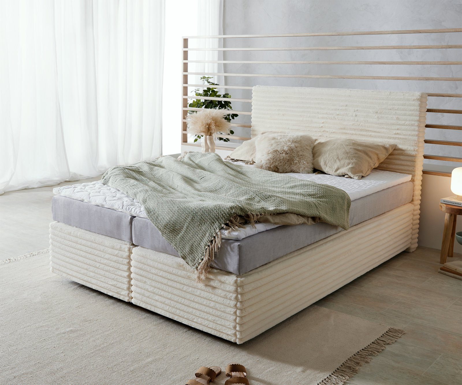 DELIFE Boxspringbett Dream-Well, Plüsch-Cord Beige 140x200 günstig online kaufen