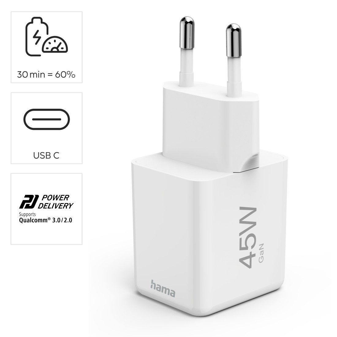 Hama Schnellladegerät (USB-C, PD/QC, extraklein 3,8 x 3,0 x 3,6 cm, 45 W) Schnelllade-Gerät (1-tlg)