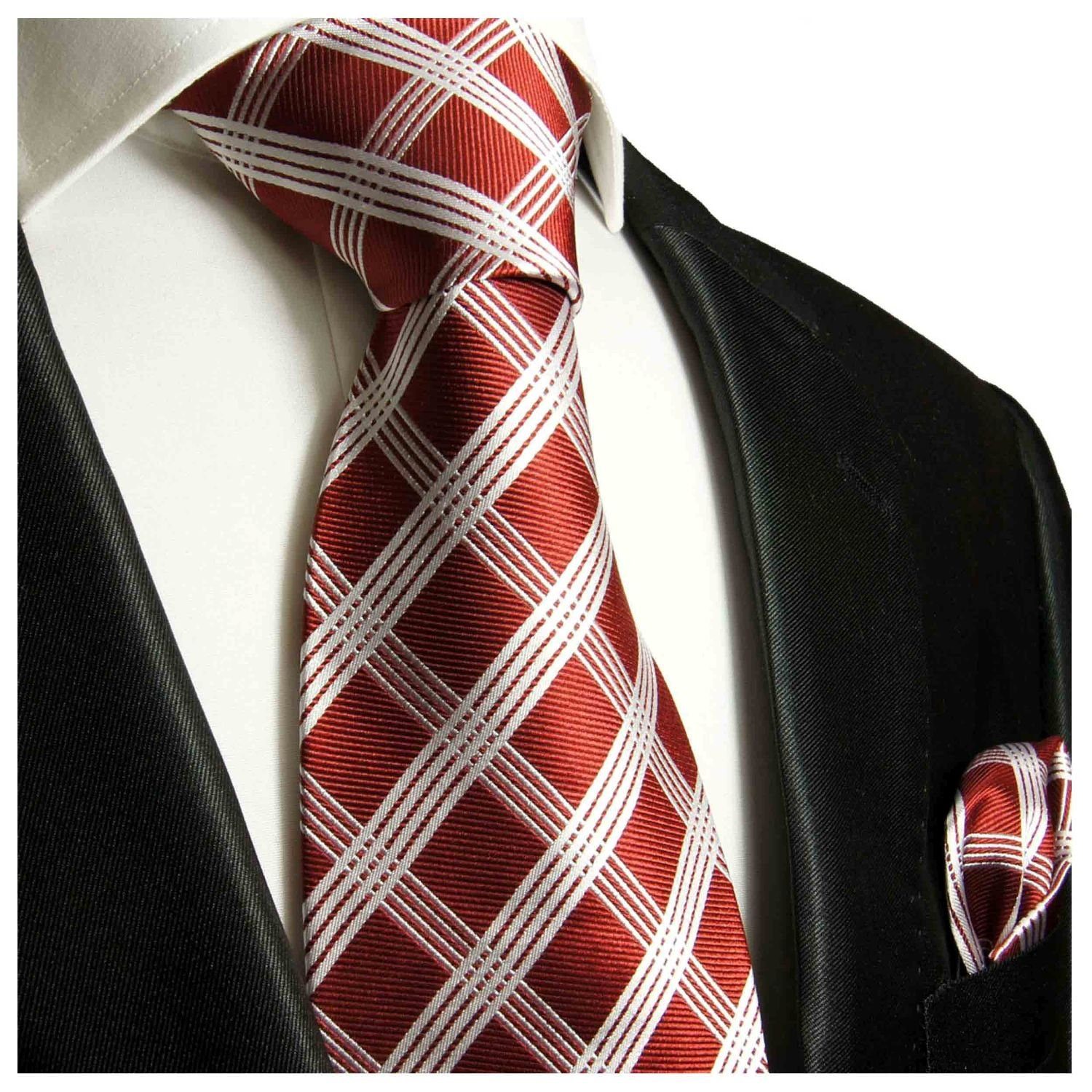 Paul Malone Krawatte Seidenkrawatte und Tuch Herren Schlips Karo gestreift 100% Seide (Set, 2-St., Krawatte mit Einstecktuch) Breit (8cm), rot weiß 725