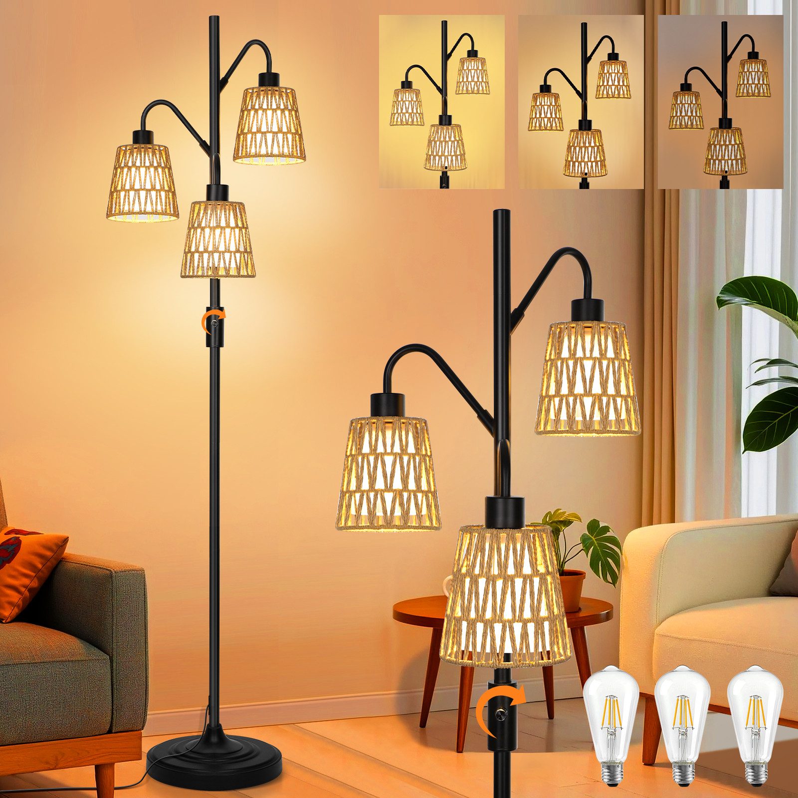 MUPOO Stehlampe LED Stehlampe,Rattan Boho LED günstig online kaufen