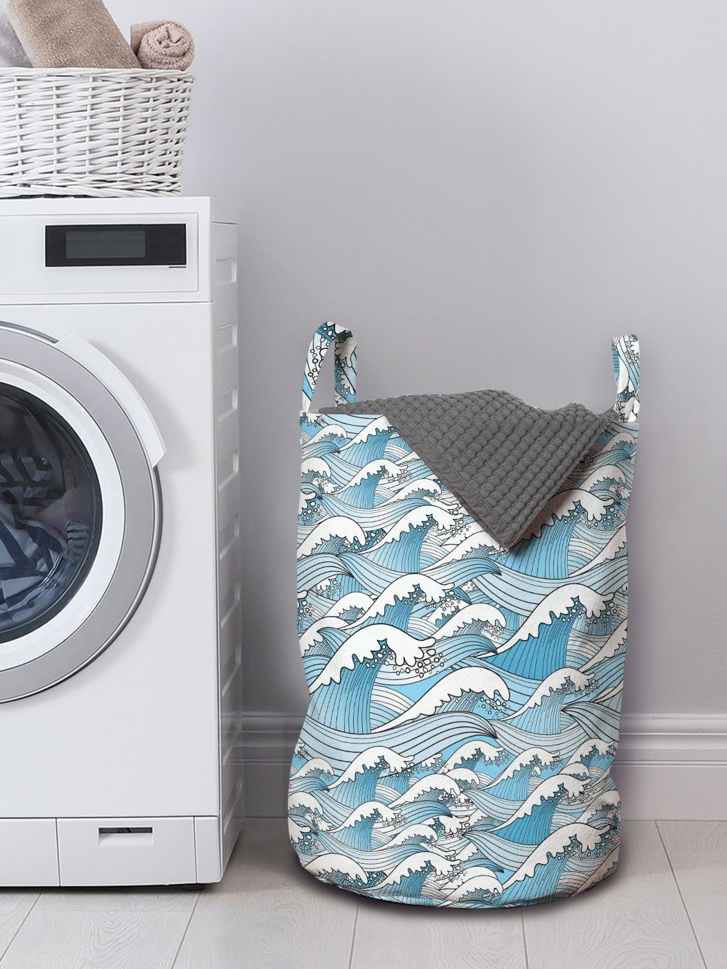 Marine Wäschesäckchen Wellenförmige Kordelzugverschluss Wäschekorb für Stripes mit Sea Ozean Griffen Waschsalons, Abakuhaus