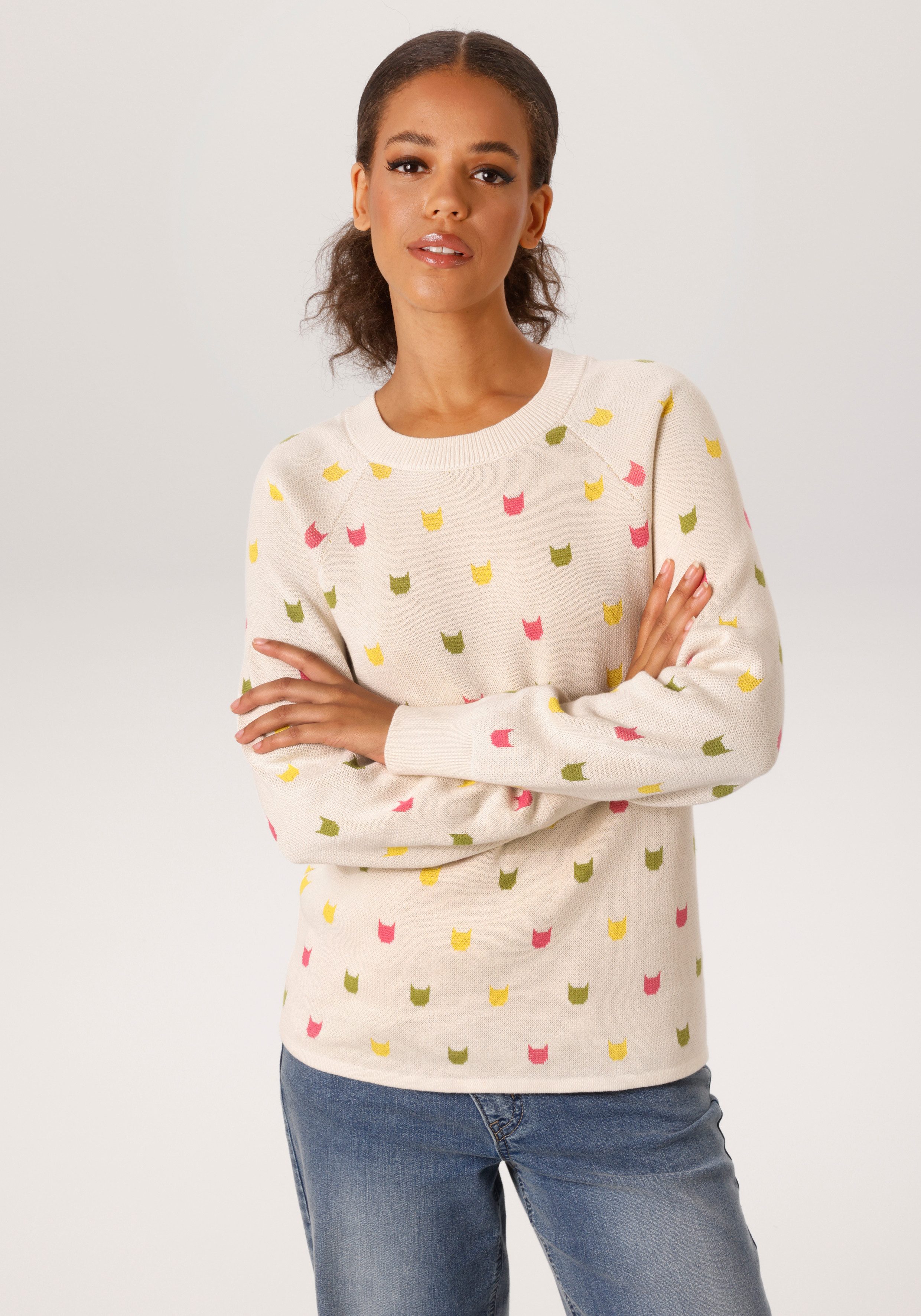 Aniston CASUAL Strickpullover mit eingestrickten grafischen Katzenköpfen - NEUE KOLLEKTION. € 39,99, (€ 39,99 pro 1 Stk).