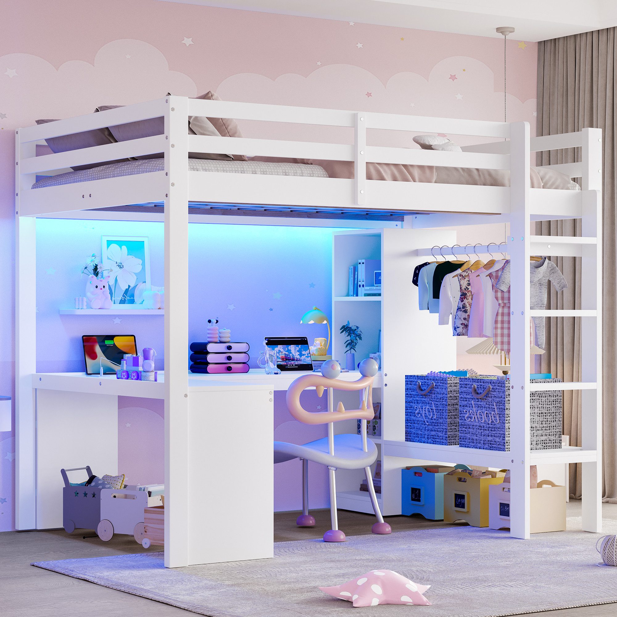 Hochbett mit LED-Licht, USB und Stauraum
