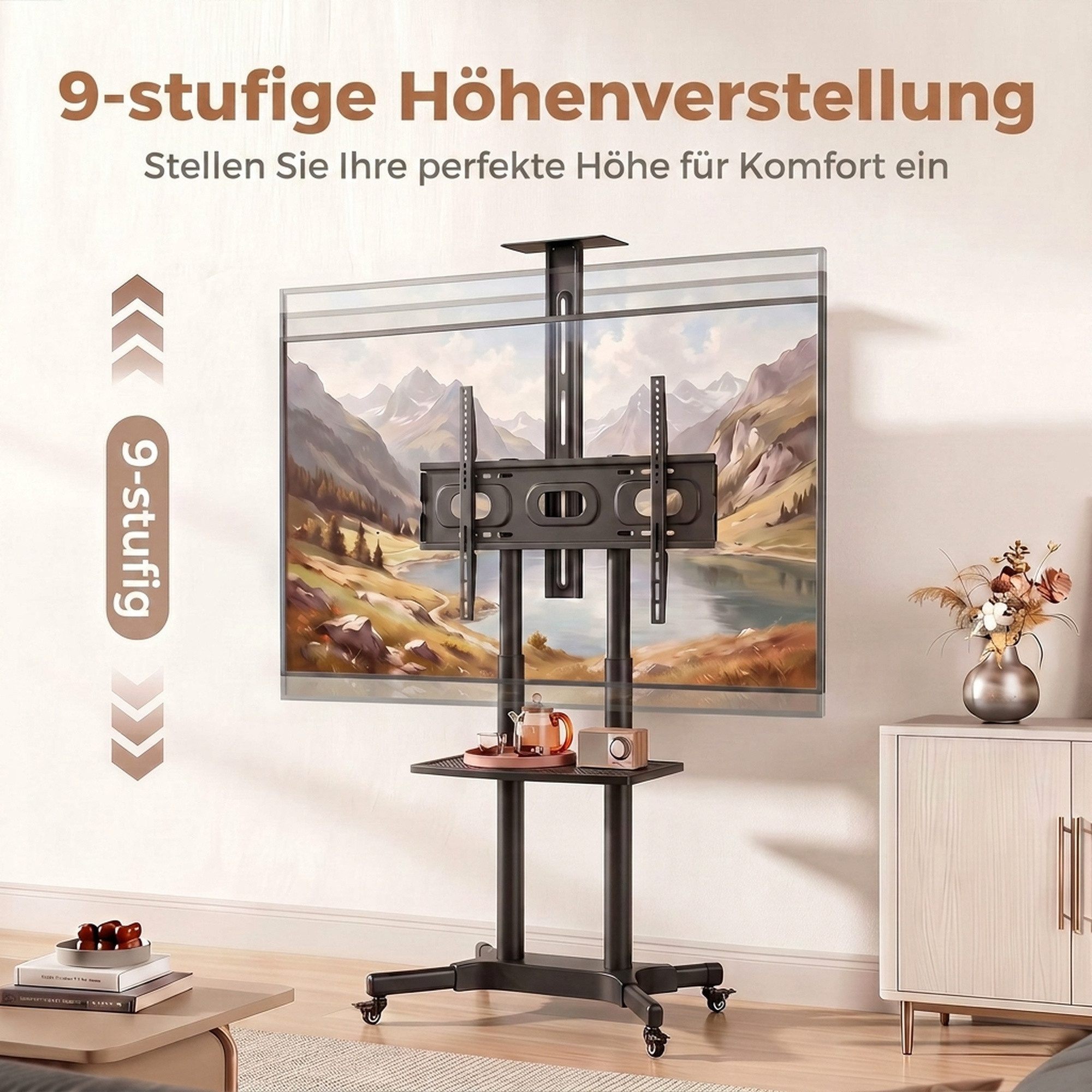 HOMCOM TV-Ständer Kameraablage und Medienablage, (bis 75 Zoll, Set, 1-tlg., 1-tlg., Höhenverstellbar, Rollen mit Feststeller) – Bild 4 von 5