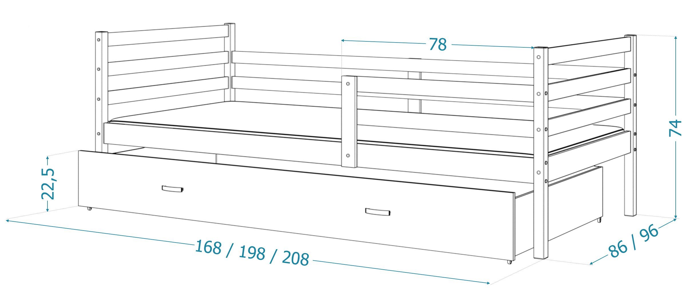 Grau Lattenrost, Massivholz, Sicherheitsbarriere), P Jerry und Schublade, Weiß Einzelbett Siblo Möbelplatte (Flexibler