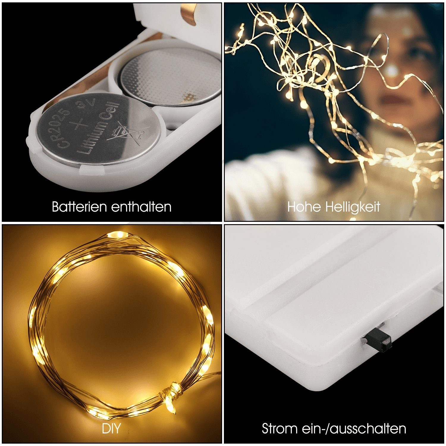 Lichterkette Stück, Deko Innen für Lichterketten, Kupfer LED Drahtlichterkette iscooter Weihnachten Batterie 6 Lichterkette 2M Party,