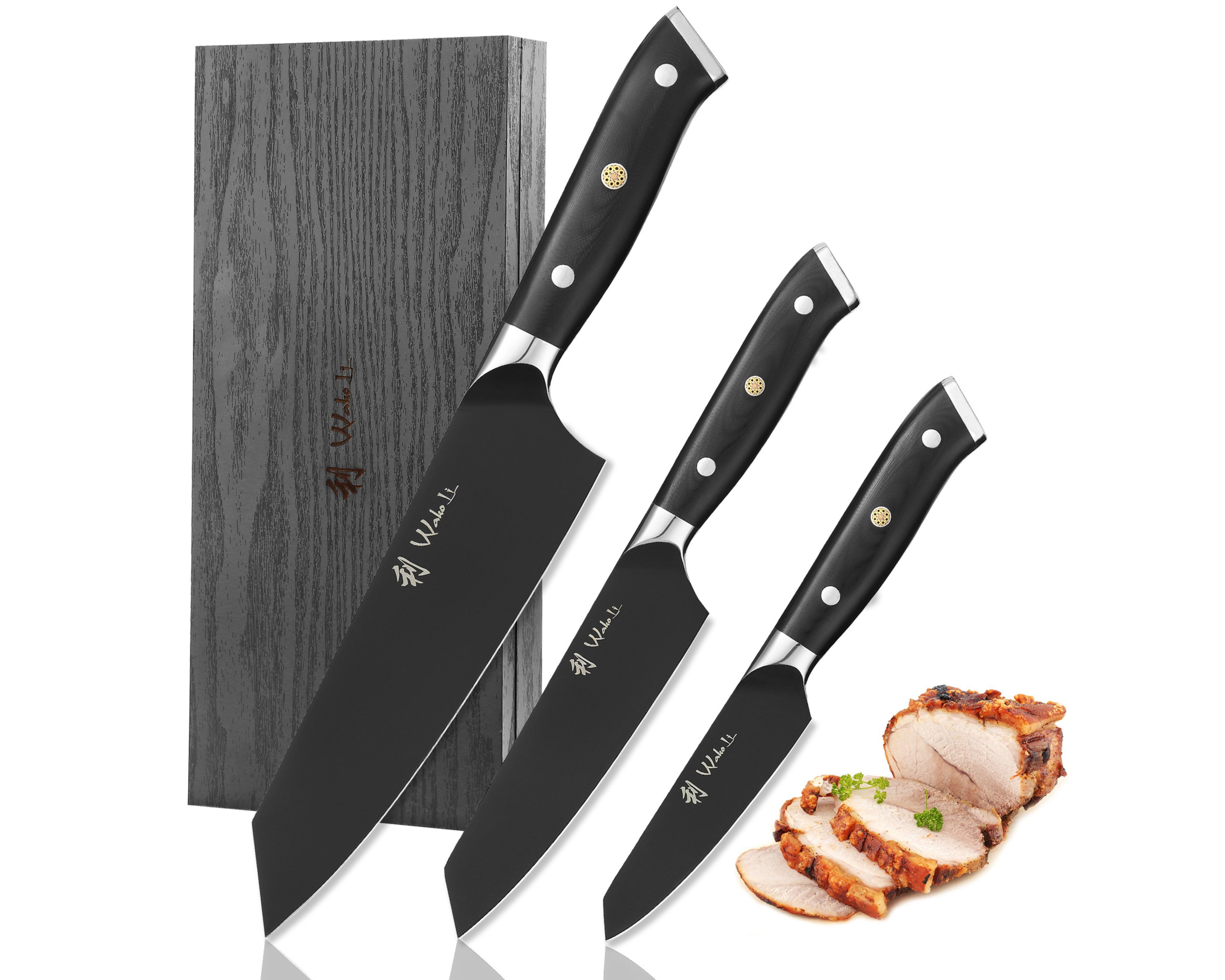 Wakoli Ножи-Set Titanium Noir 3er Set Küchenmesser 8-17cm Klingen, G10 Griff, Holzbox (3er Edelstahlmesser-Set, 4-tlg., 3 Edelstahlmesser, Fingerschutz), schwarze Titanbeschichtung