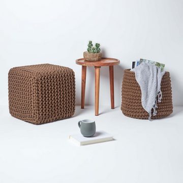 Homescapes Pouf Gestrickter Sitzwürfel 100% Baumwolle, braun