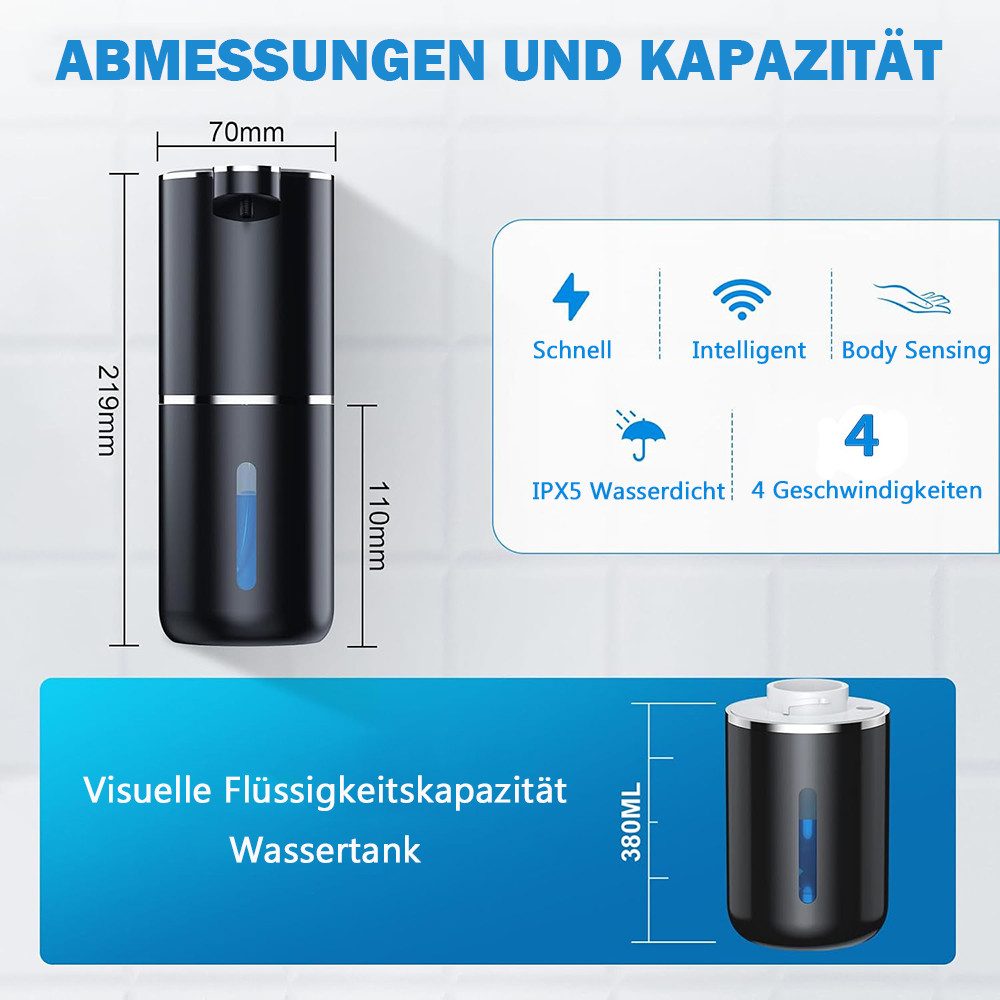TUWENA Seifenspender Seifenspender Automatisch, 380ml Elektrischer Seifenspender mit Sensor, Wiederaufladbar Seifenspender, IPX5 Wasserdicht für Badezimmer Küche