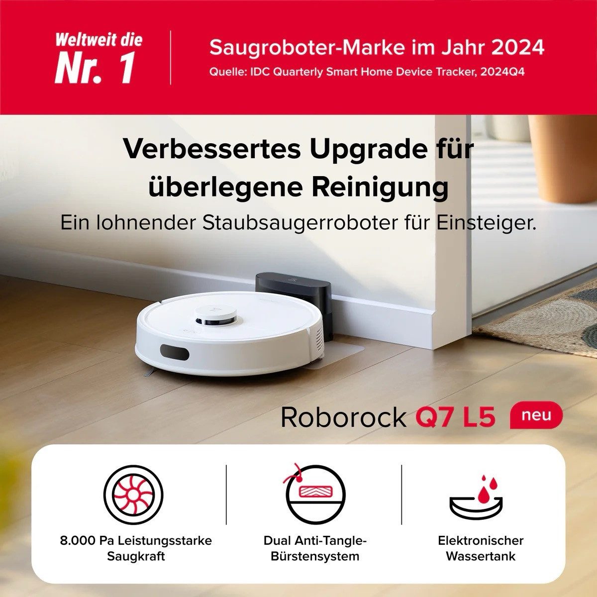 Roborock Nass-Trocken-Saugroboter Roborock Q7 L5 Saugroboter, Dual Anti-Tangle System weiß, Beutellos auswaschbar, Saugen und Wischen in einem Arbeitsgang