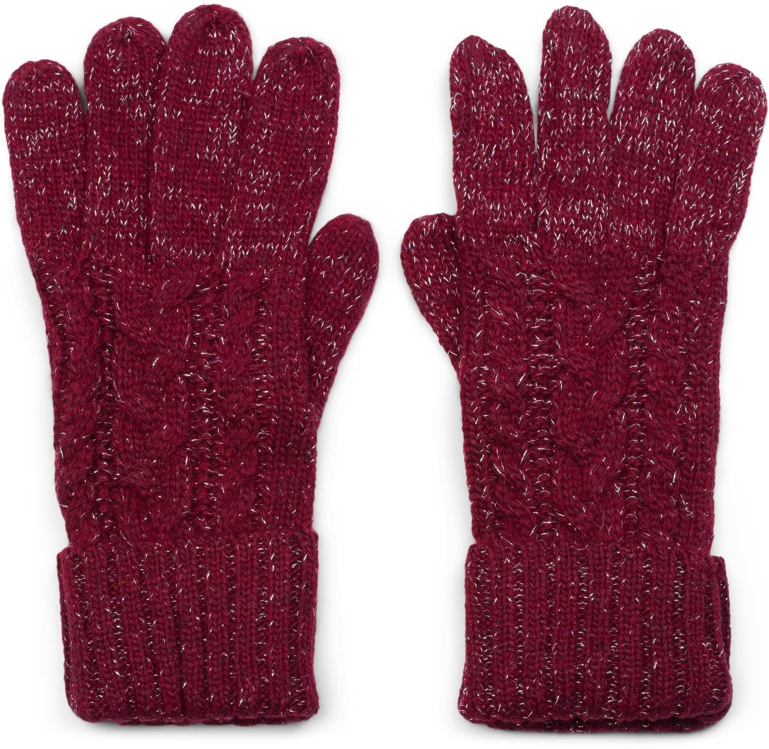 styleBREAKER Strickhandschuhe Strick Handschuhe mit Zopfmuster und Metallic Faden Bordeaux-Rot