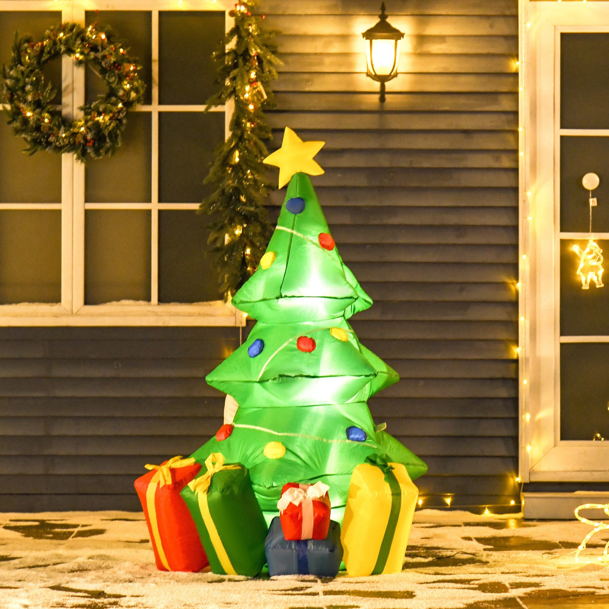 HOMCOM Weihnachtsfigur Geschenken, Selbstaufblasender Weihnachtsbaum Wasserdicht, Indoor (Weihnachtsdeko, 1 St., 1,5 m), LED-Licht