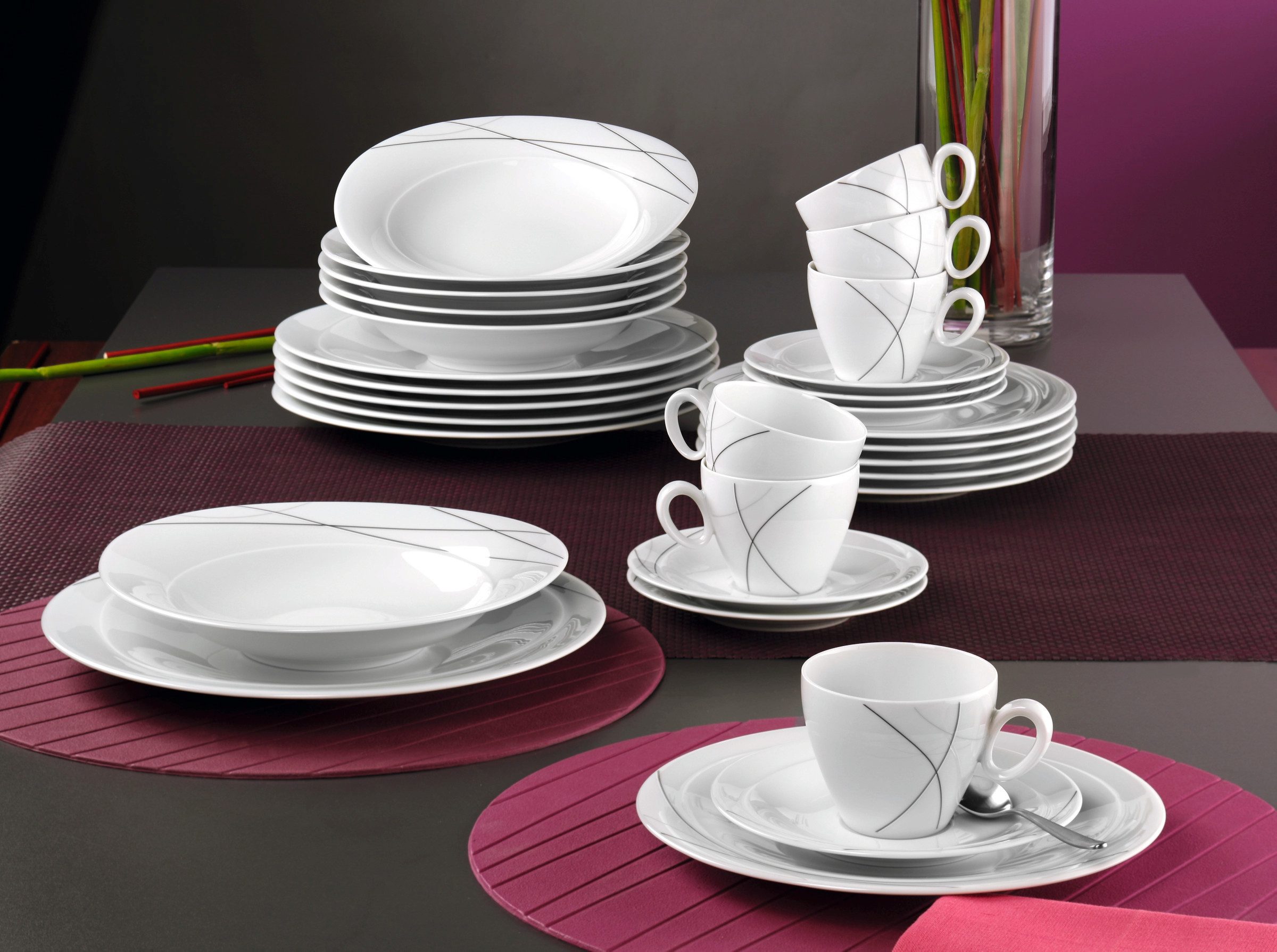 Seltmann Weiden Kombiservice Geschirr-Set, Service Trio Highline (30-tlg), 6 Personen, Porzellan, Teller, Tassen, Untertassen, Made in Germany, 30 Teile, für 6 Personen